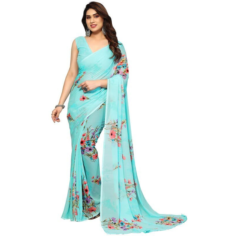 SICHI Womens Geoegette Floral Print Saree with Unstitched Blouse Piece (3112S2155N_Sky Blue)