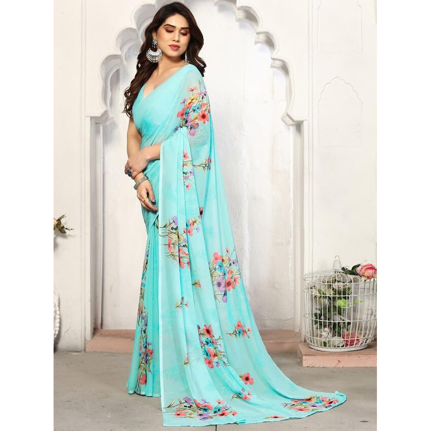 SICHI Womens Geoegette Floral Print Saree with Unstitched Blouse Piece (3112S2155N_Sky Blue)