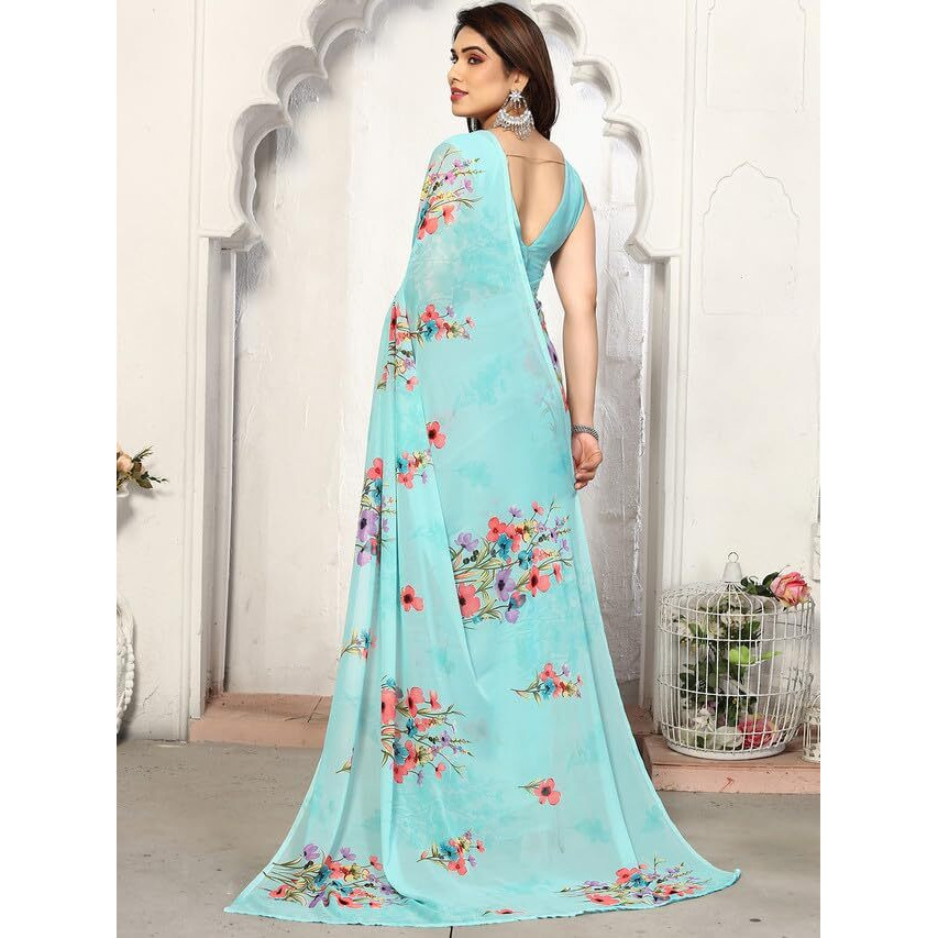 SICHI Womens Geoegette Floral Print Saree with Unstitched Blouse Piece (3112S2155N_Sky Blue)