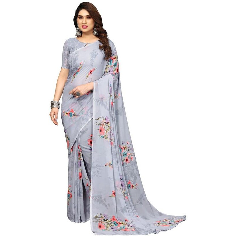 SICHI Womens Geoegette Floral Print Saree with Unstitched Blouse Piece (3112S2152N_Grey)