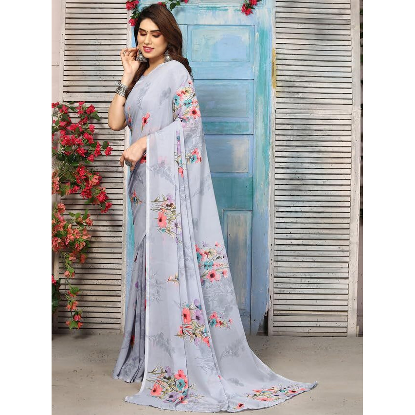 SICHI Womens Geoegette Floral Print Saree with Unstitched Blouse Piece (3112S2152N_Grey)