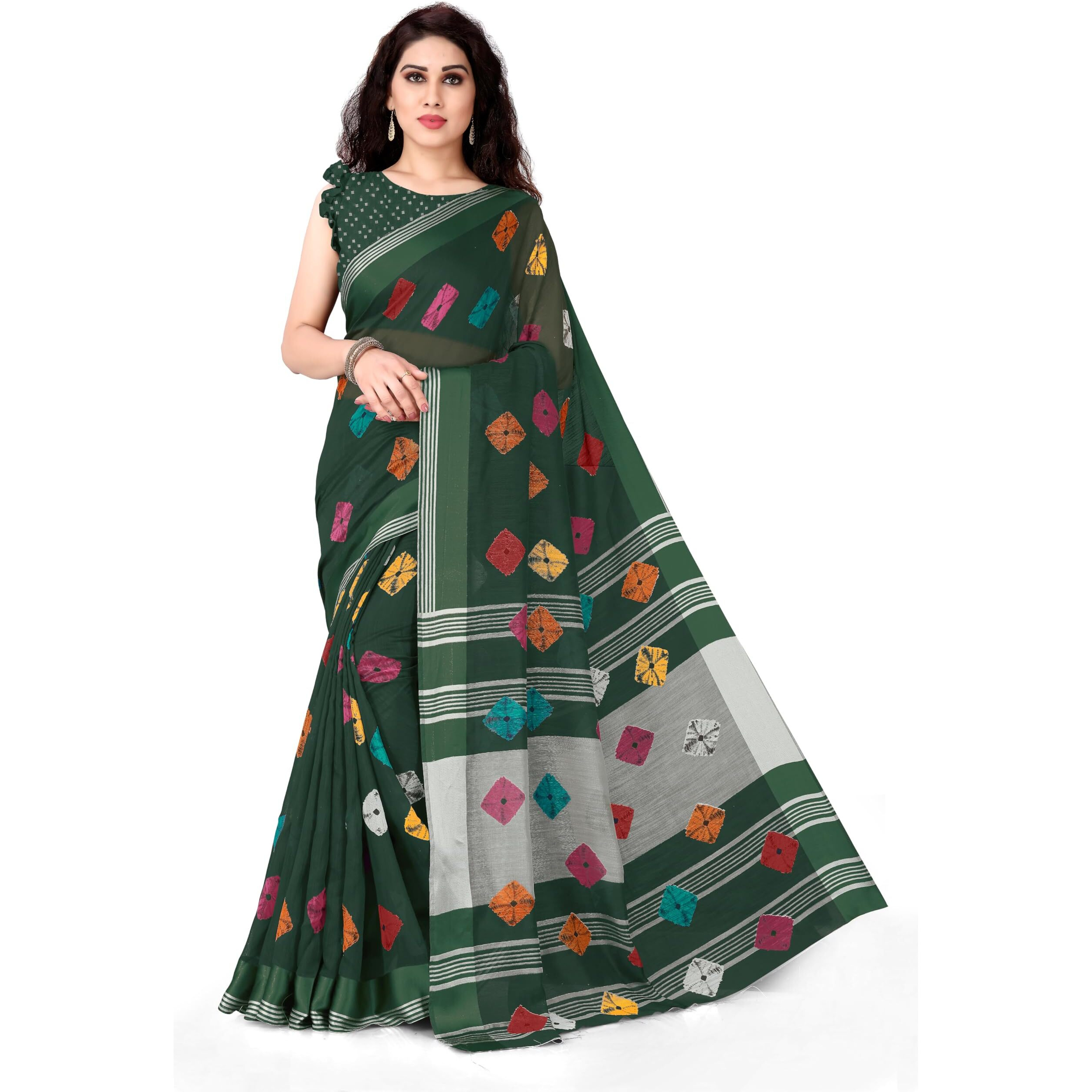 SOURBH Womens Plain Weave Cotton Blend Bandhni Printed Saree with Blouse Piece (19082-Green)