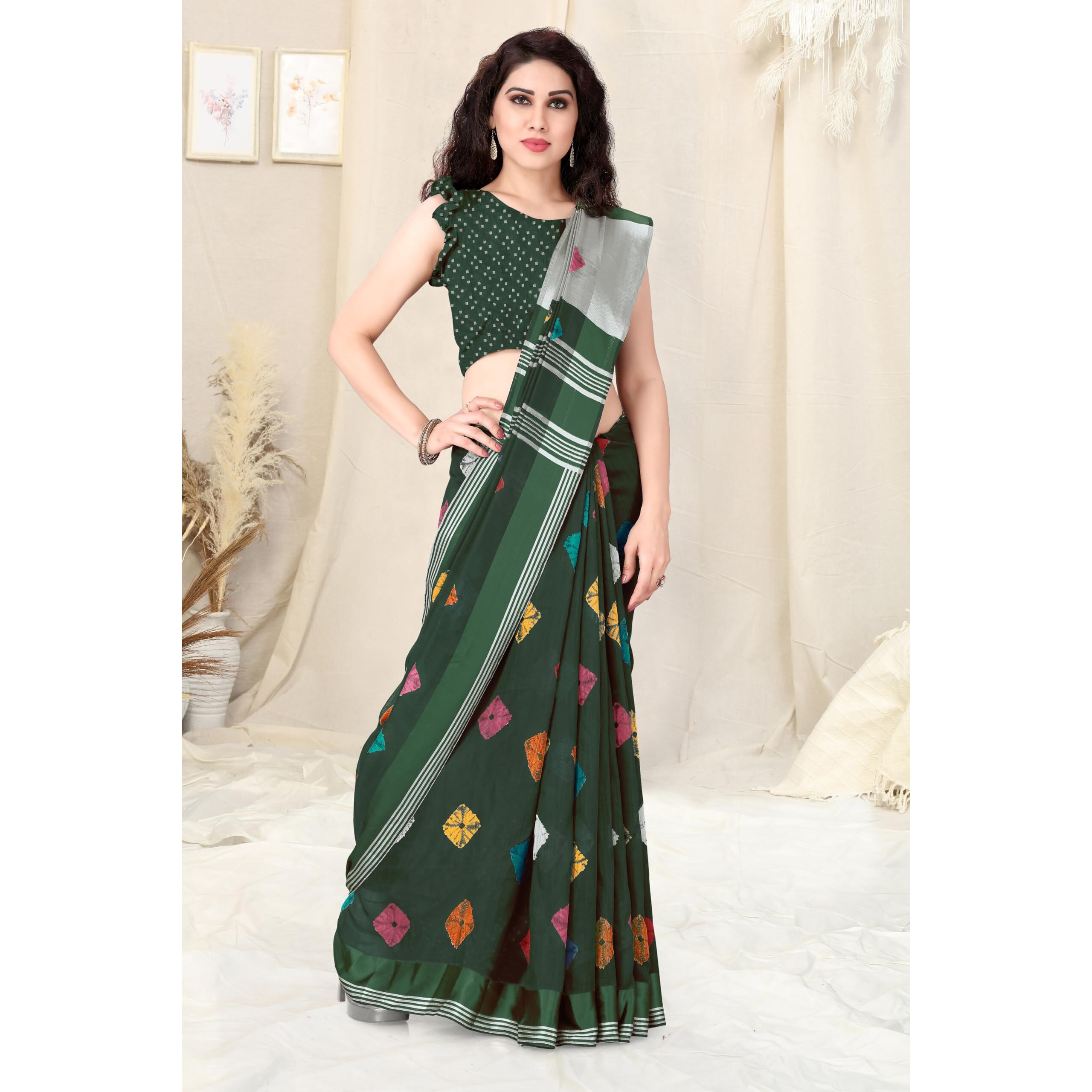 SOURBH Womens Plain Weave Cotton Blend Bandhni Printed Saree with Blouse Piece (19082-Green)