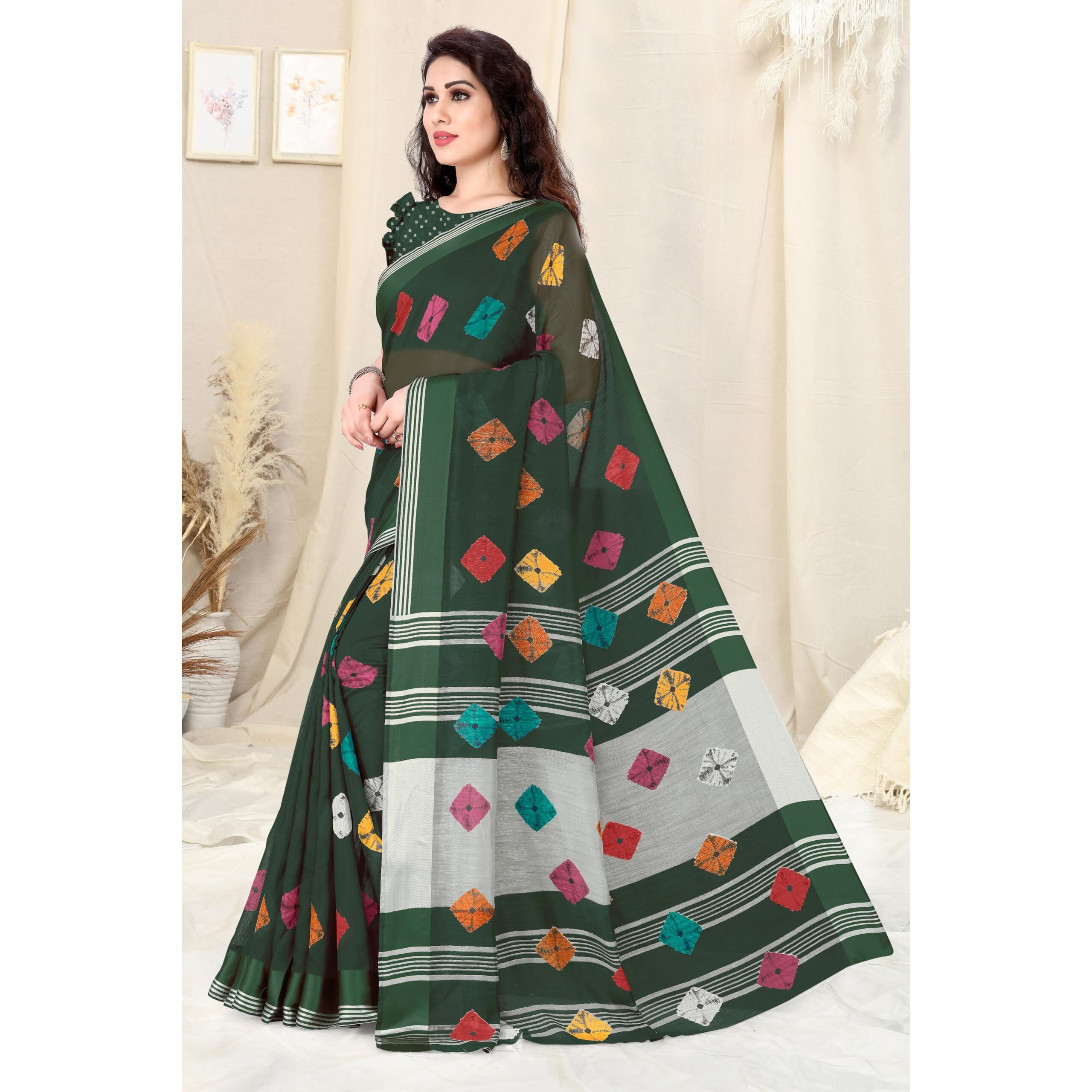 SOURBH Womens Plain Weave Cotton Blend Bandhni Printed Saree with Blouse Piece (19082-Green)