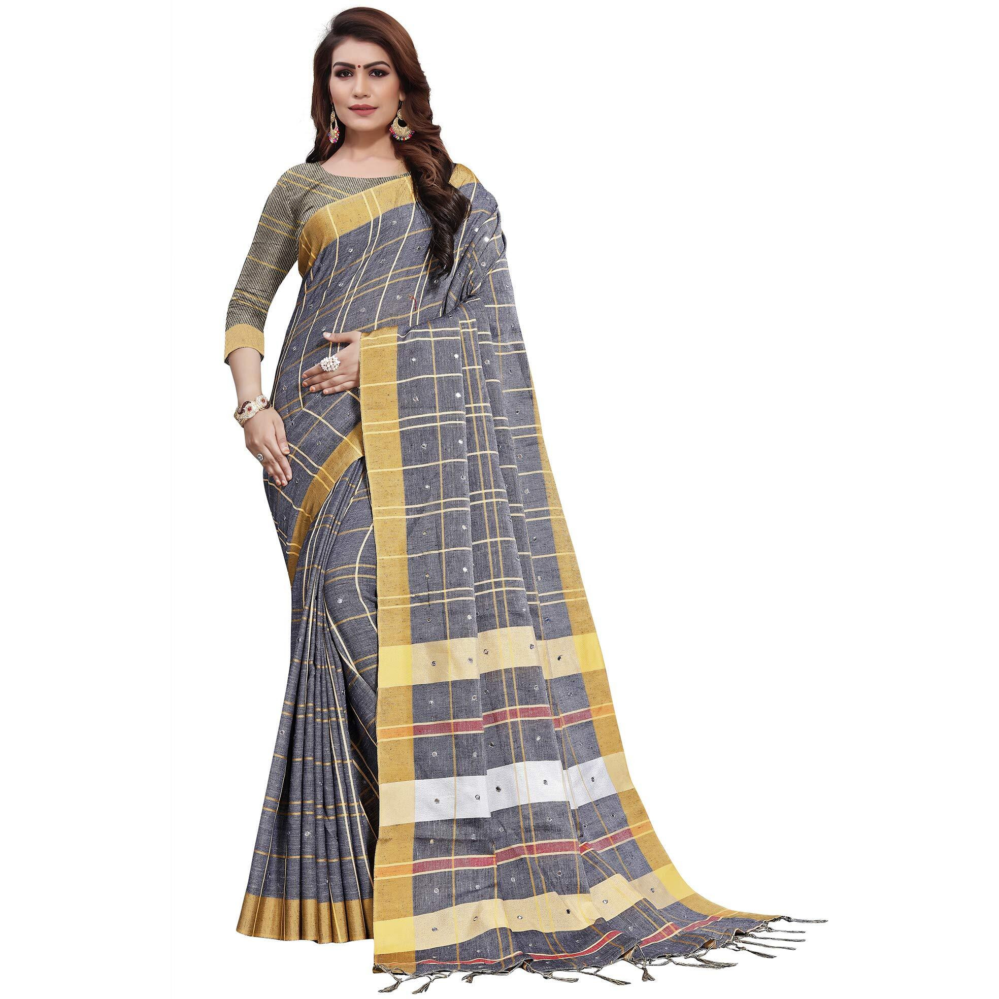 AKHILAM Womens Linen Mirror Work Embellished Saree With Unstitched Blouse Piece(Grey_LCRYFC40I)