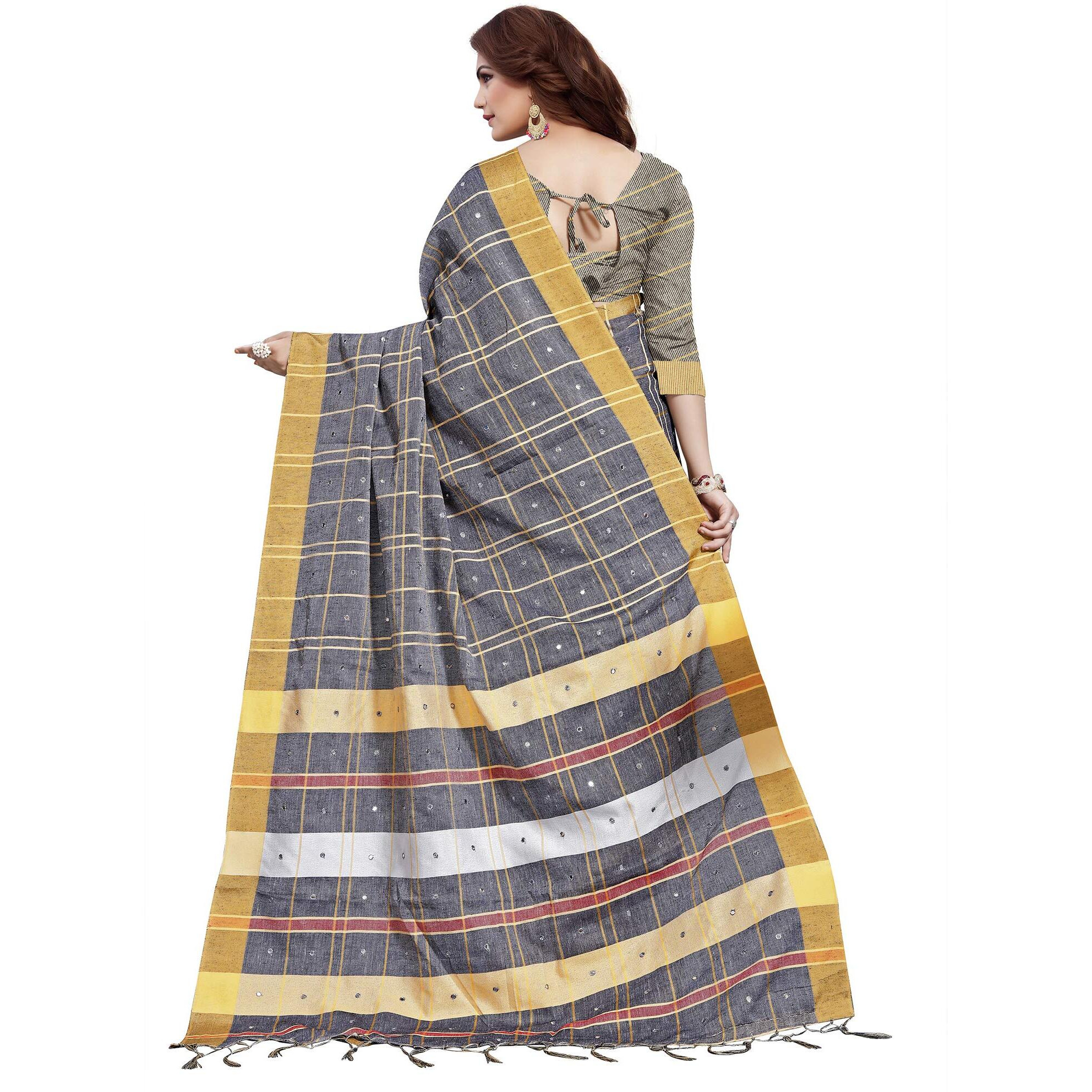 AKHILAM Womens Linen Mirror Work Embellished Saree With Unstitched Blouse Piece(Grey_LCRYFC40I)