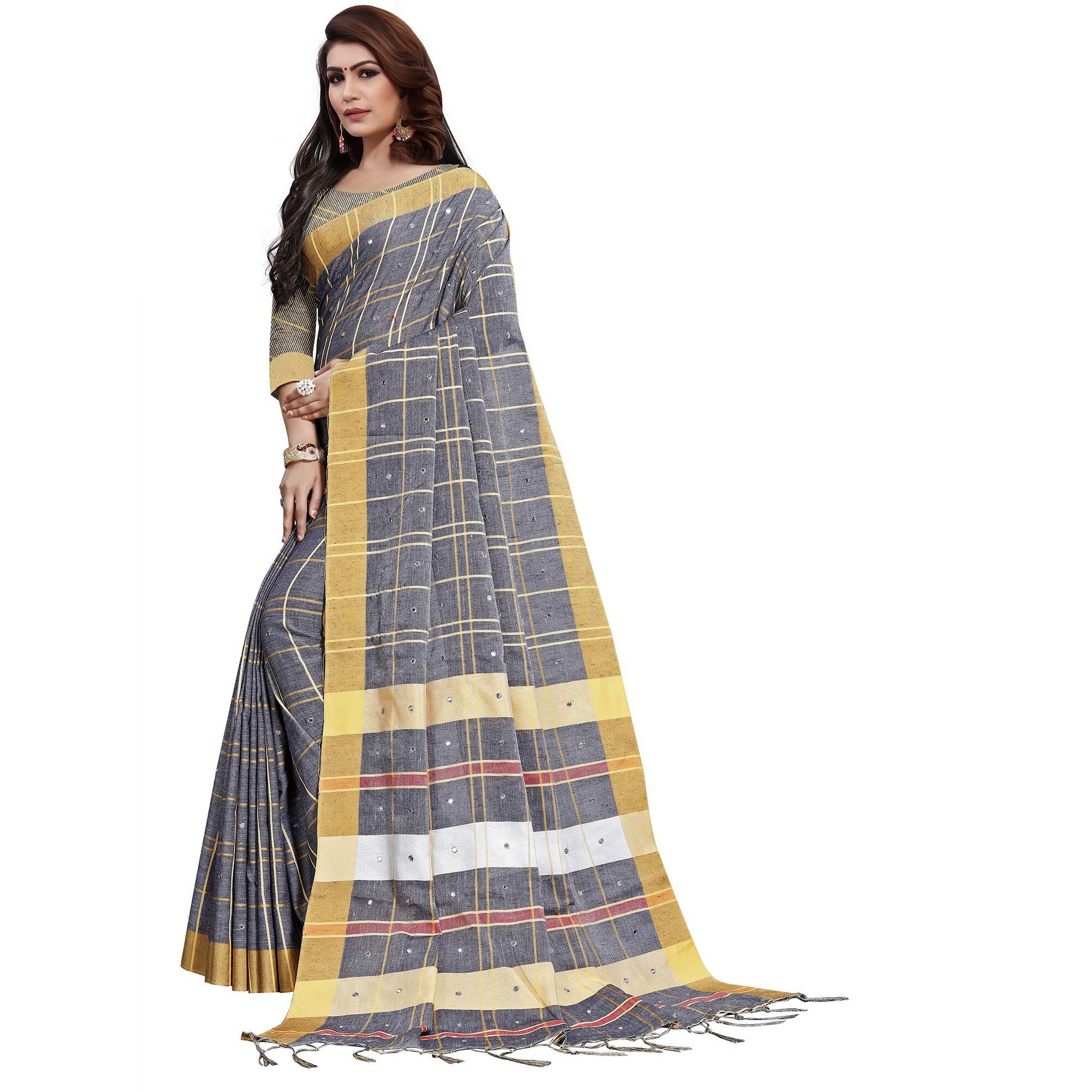 AKHILAM Womens Linen Mirror Work Embellished Saree With Unstitched Blouse Piece(Grey_LCRYFC40I)