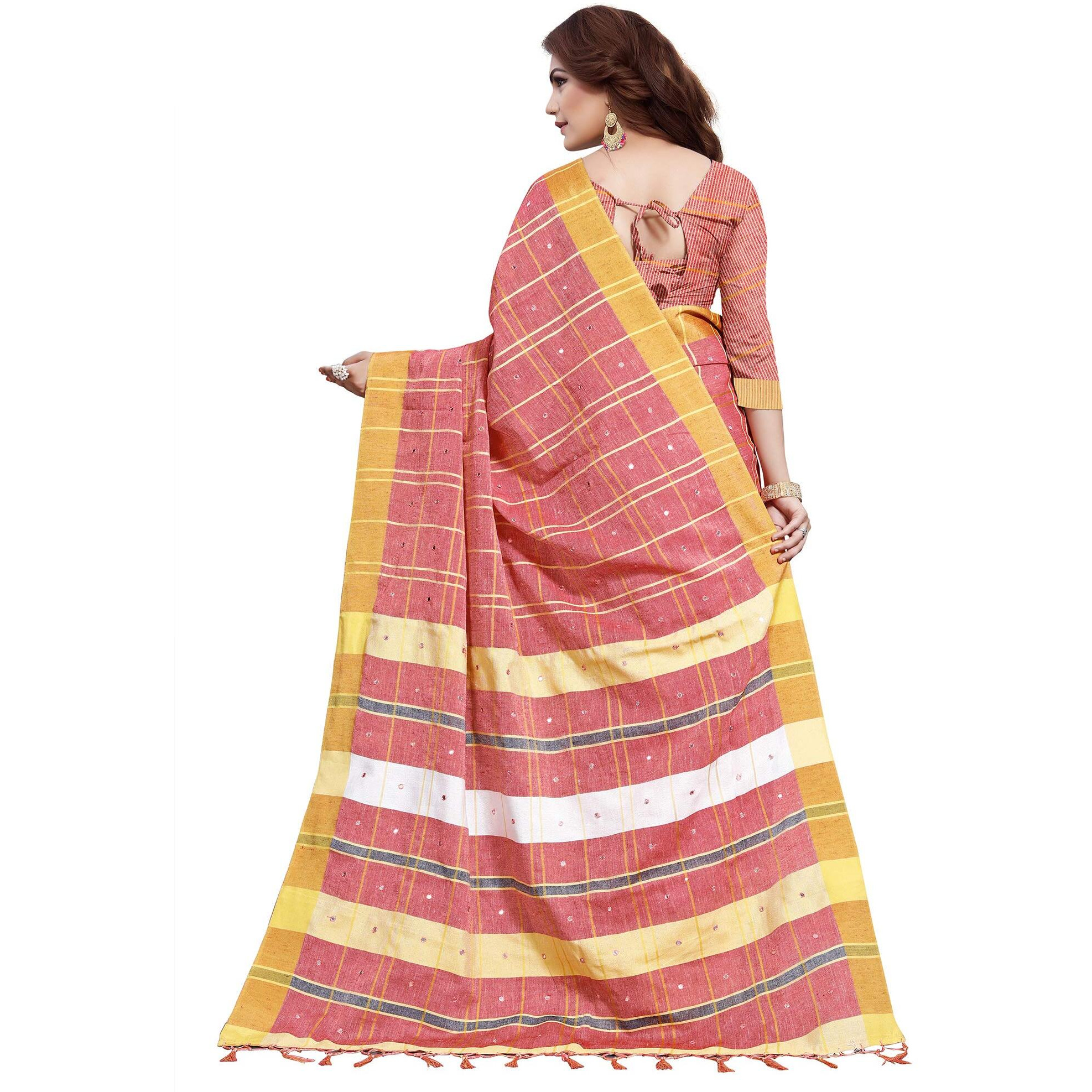 AKHILAM Womens Linen Mirror Work Embellished Saree With Unstitched Blouse Piece(Peach_LCRYFC40B)