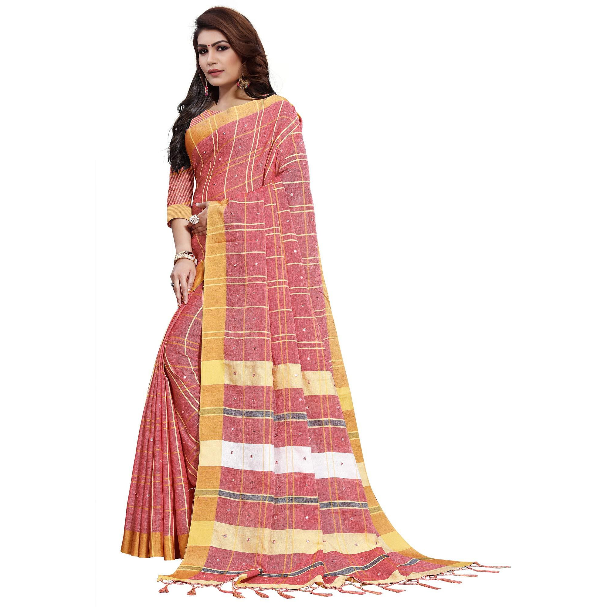 AKHILAM Womens Linen Mirror Work Embellished Saree With Unstitched Blouse Piece(Peach_LCRYFC40B)