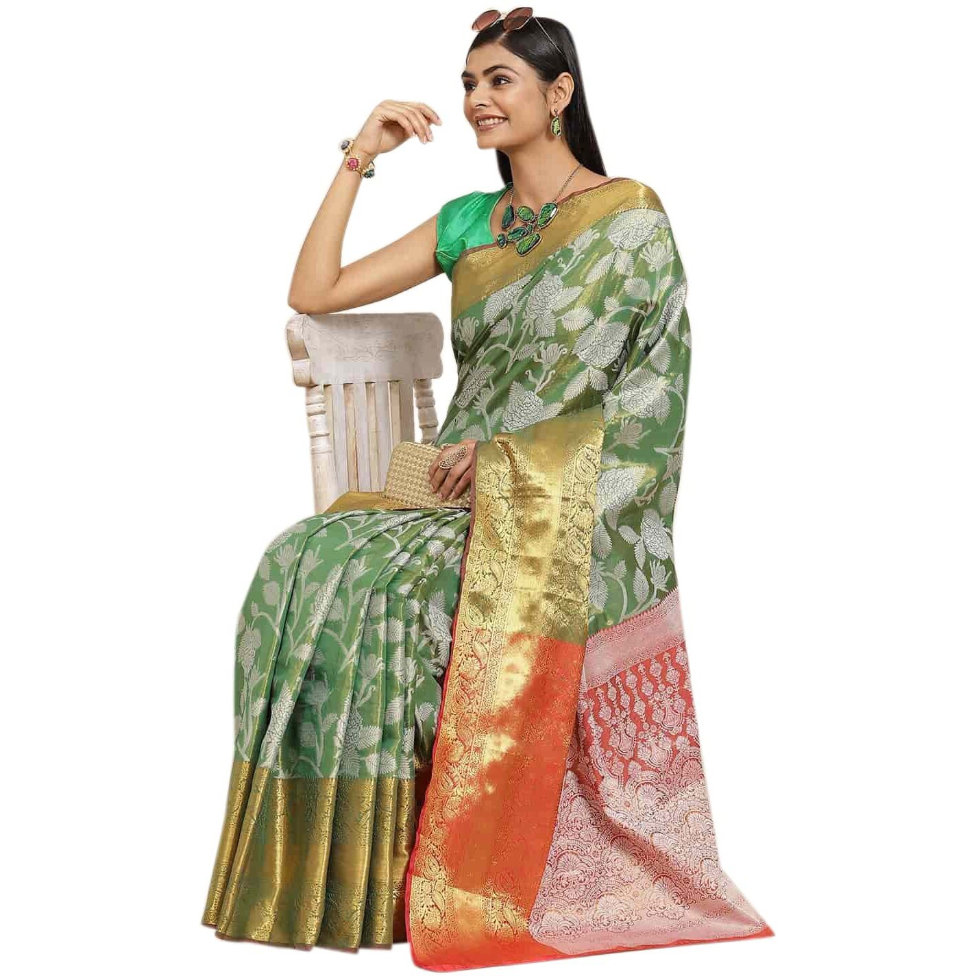 Enthone Womens Soft Brocade Floral Saree With Unstitched blouse Piece(Green)