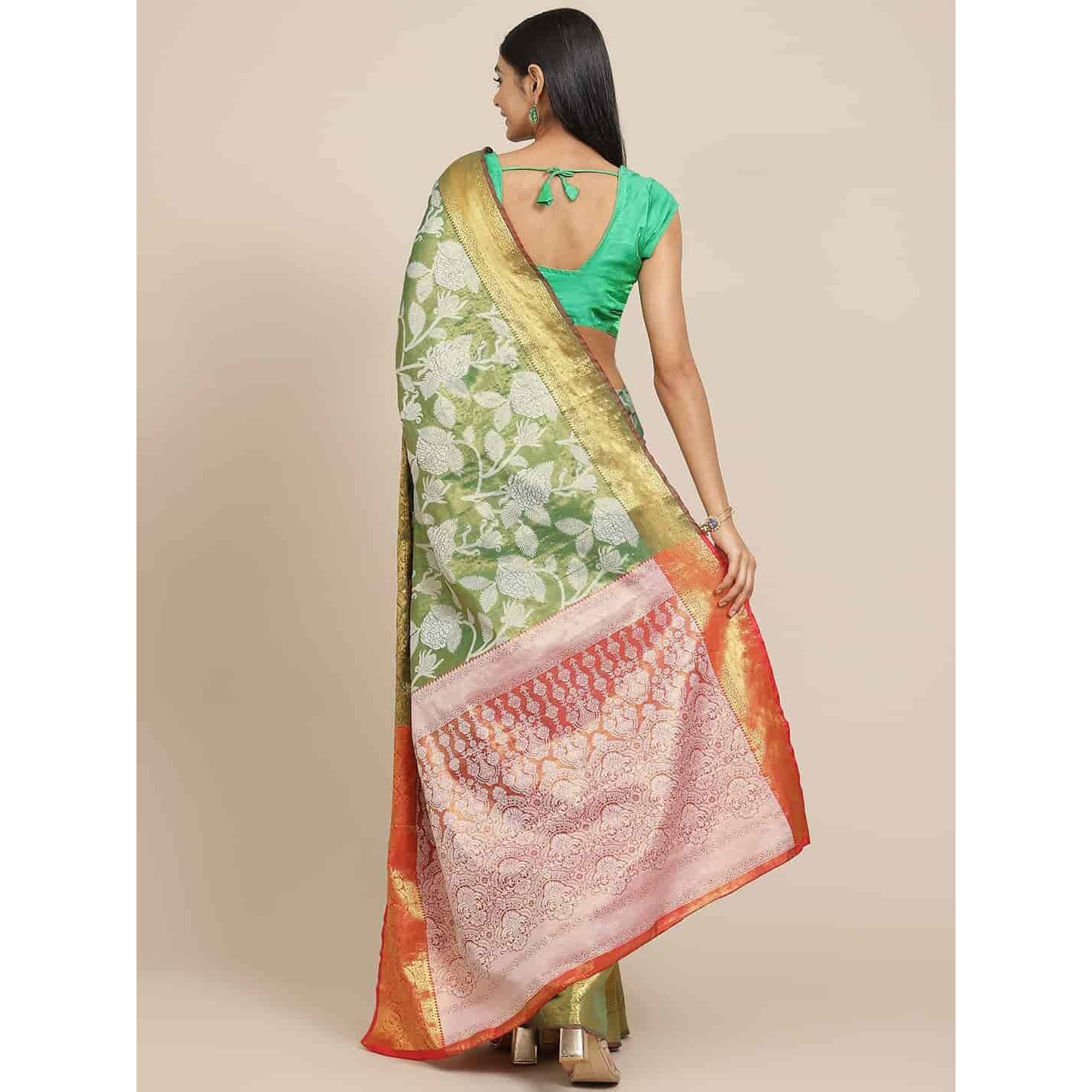 Enthone Womens Soft Brocade Floral Saree With Unstitched blouse Piece(Green)