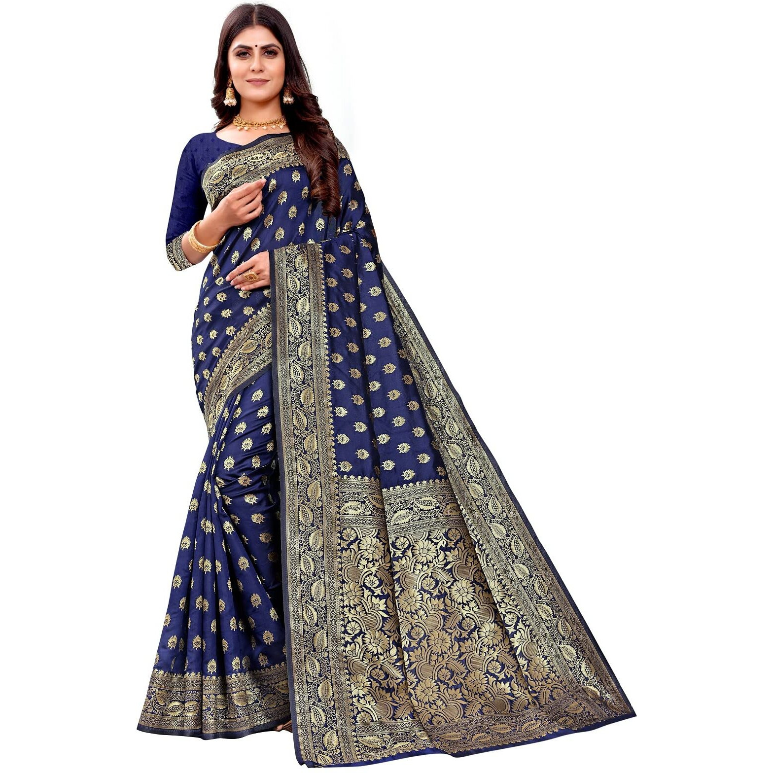 Shasmi Sarees Womens Art Silk Navy Blue Kanchipuram Saree (SAN PARI S-1 N BLUE)