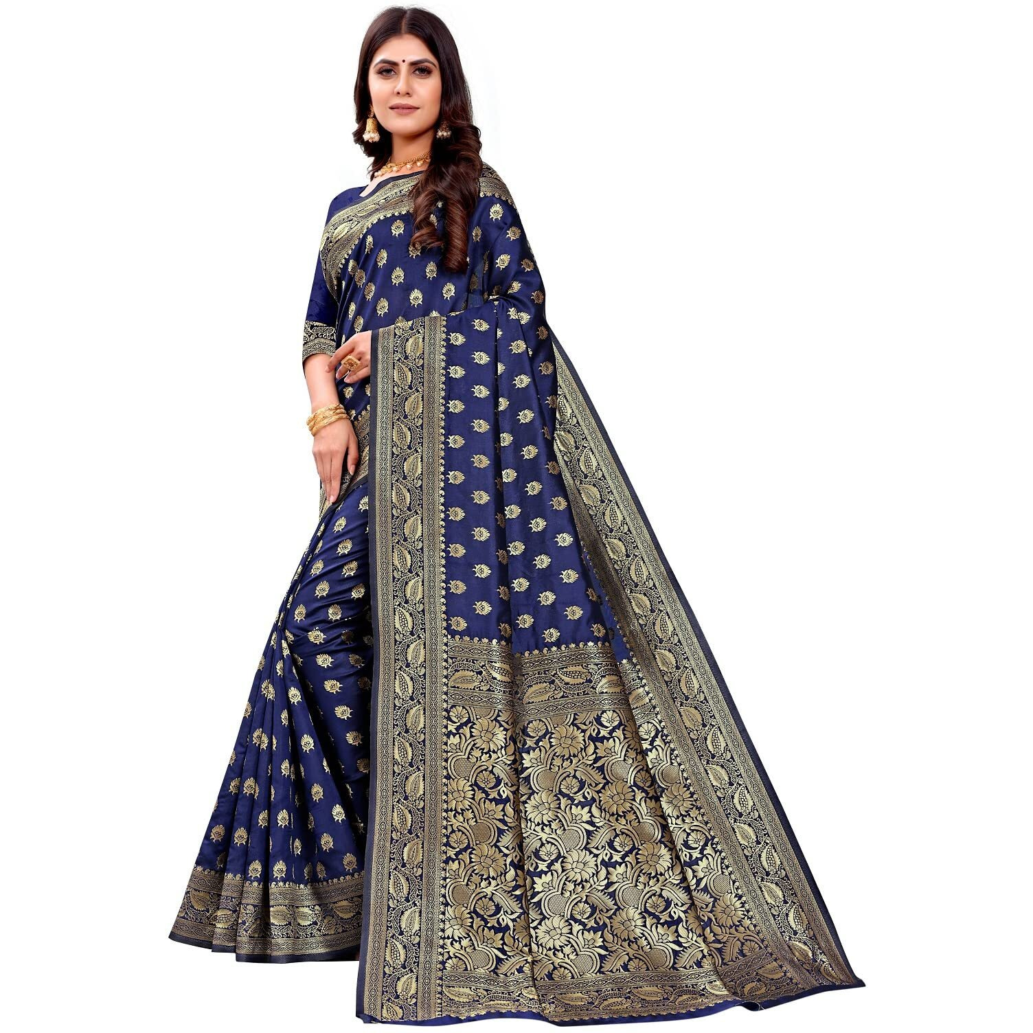 Shasmi Sarees Womens Art Silk Navy Blue Kanchipuram Saree (SAN PARI S-1 N BLUE)