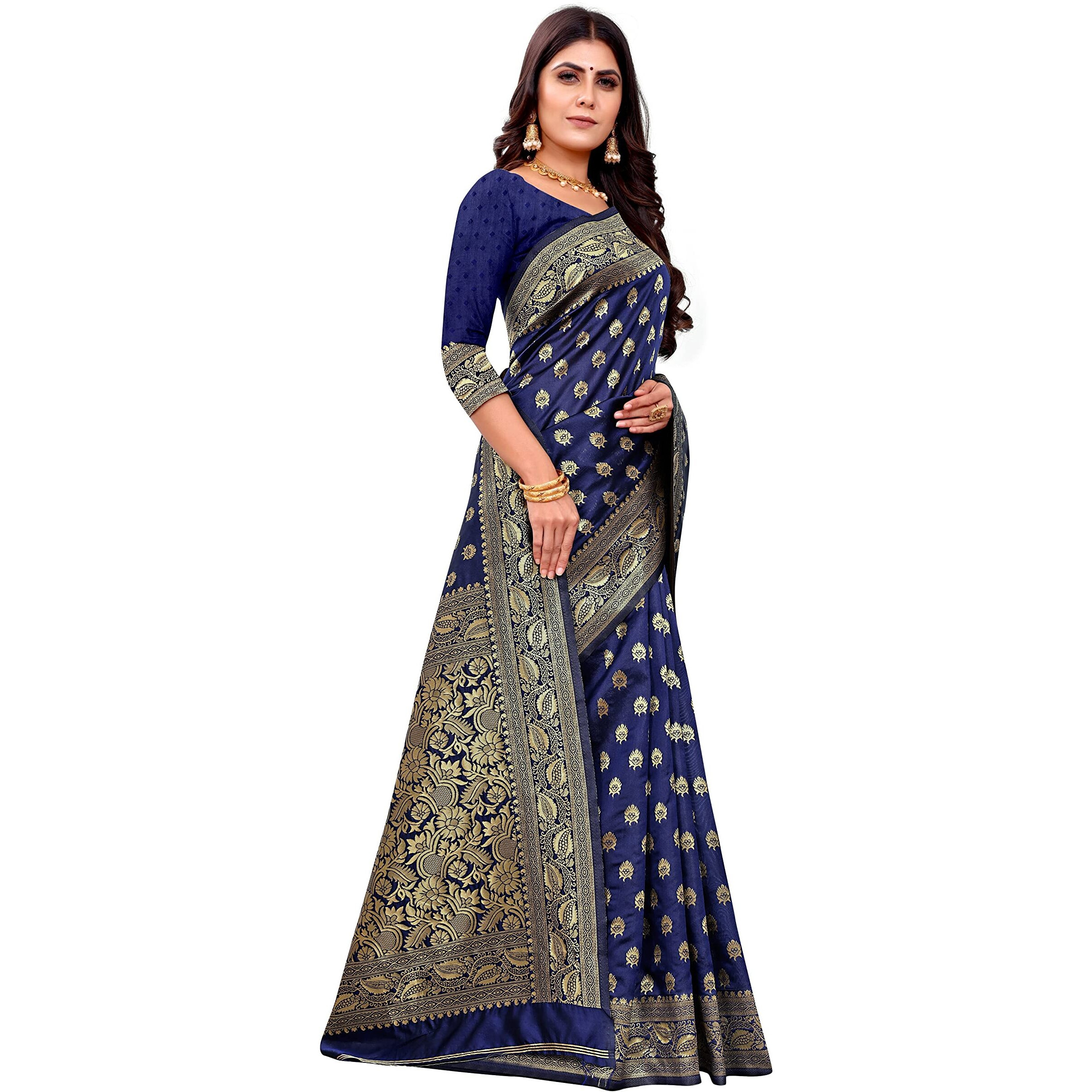 Shasmi Sarees Womens Art Silk Navy Blue Kanchipuram Saree (SAN PARI S-1 N BLUE)