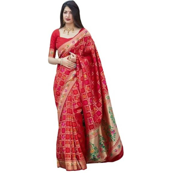 ZECVA Womens Kanjivaram Traditional Festive Bandhani Patola Silk Saree With Attach Unstiched Blouse Piece