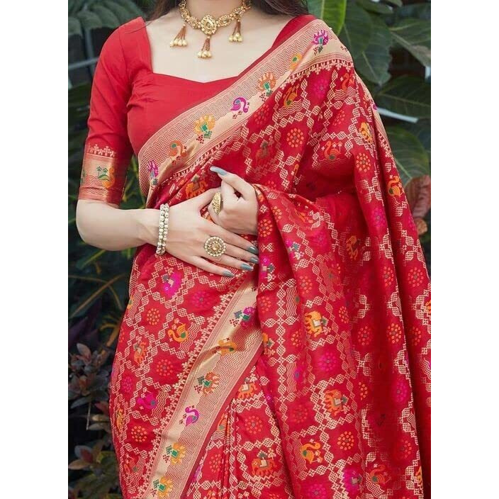 ZECVA Womens Kanjivaram Traditional Festive Bandhani Patola Silk Saree With Attach Unstiched Blouse Piece