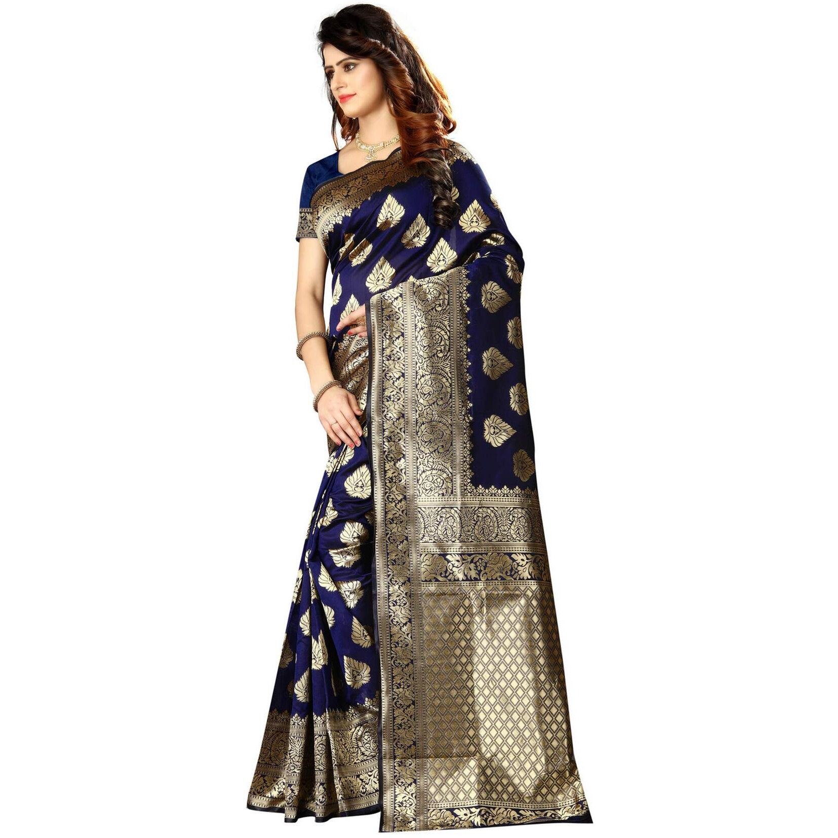 Shasmi Womens Designer Kanchipuram Banarasi Silk Blend Jacquard Woven Design Sarees (Navy Blue and Golden)