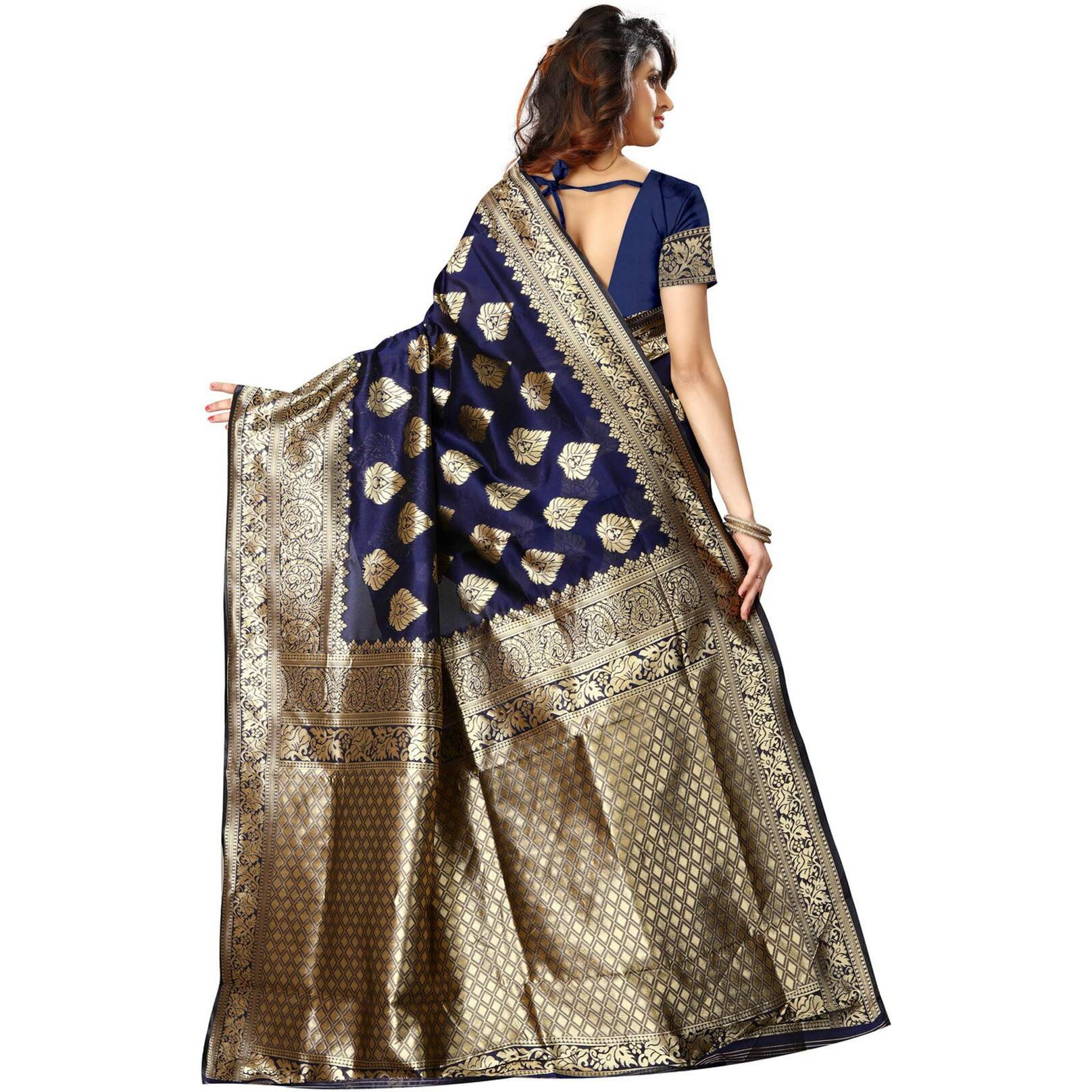 Shasmi Womens Designer Kanchipuram Banarasi Silk Blend Jacquard Woven Design Sarees (Navy Blue and Golden)