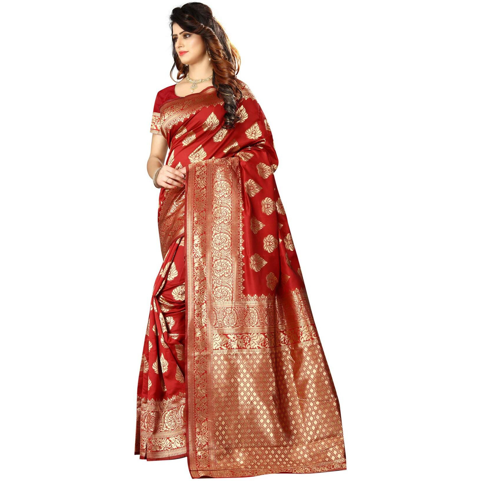 Shasmi Womens Designer Kanchipuram Banarasi Silk Blend Jacquard Woven Design Sarees (Red and Gold)