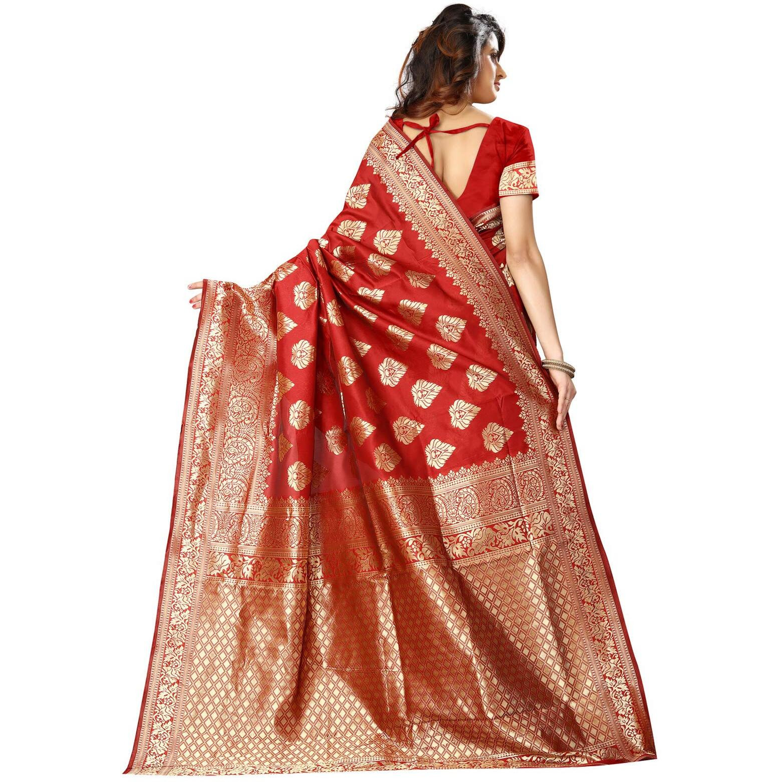 Shasmi Womens Designer Kanchipuram Banarasi Silk Blend Jacquard Woven Design Sarees (Red and Gold)