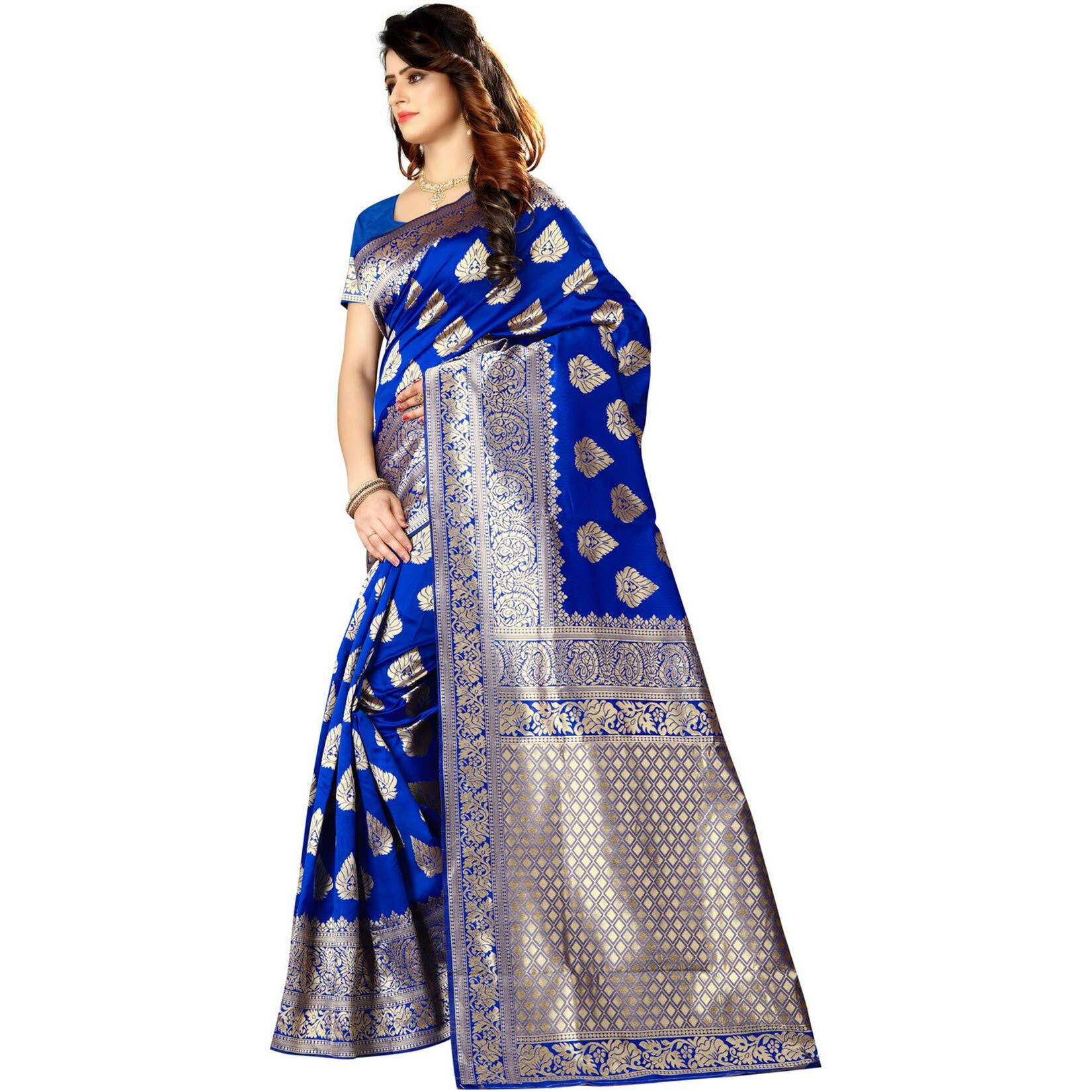 Shasmi Womens Designer Kanchipuram Banarasi Silk Blend Jacquard Woven Design Sarees (Royal Blue and Golden)