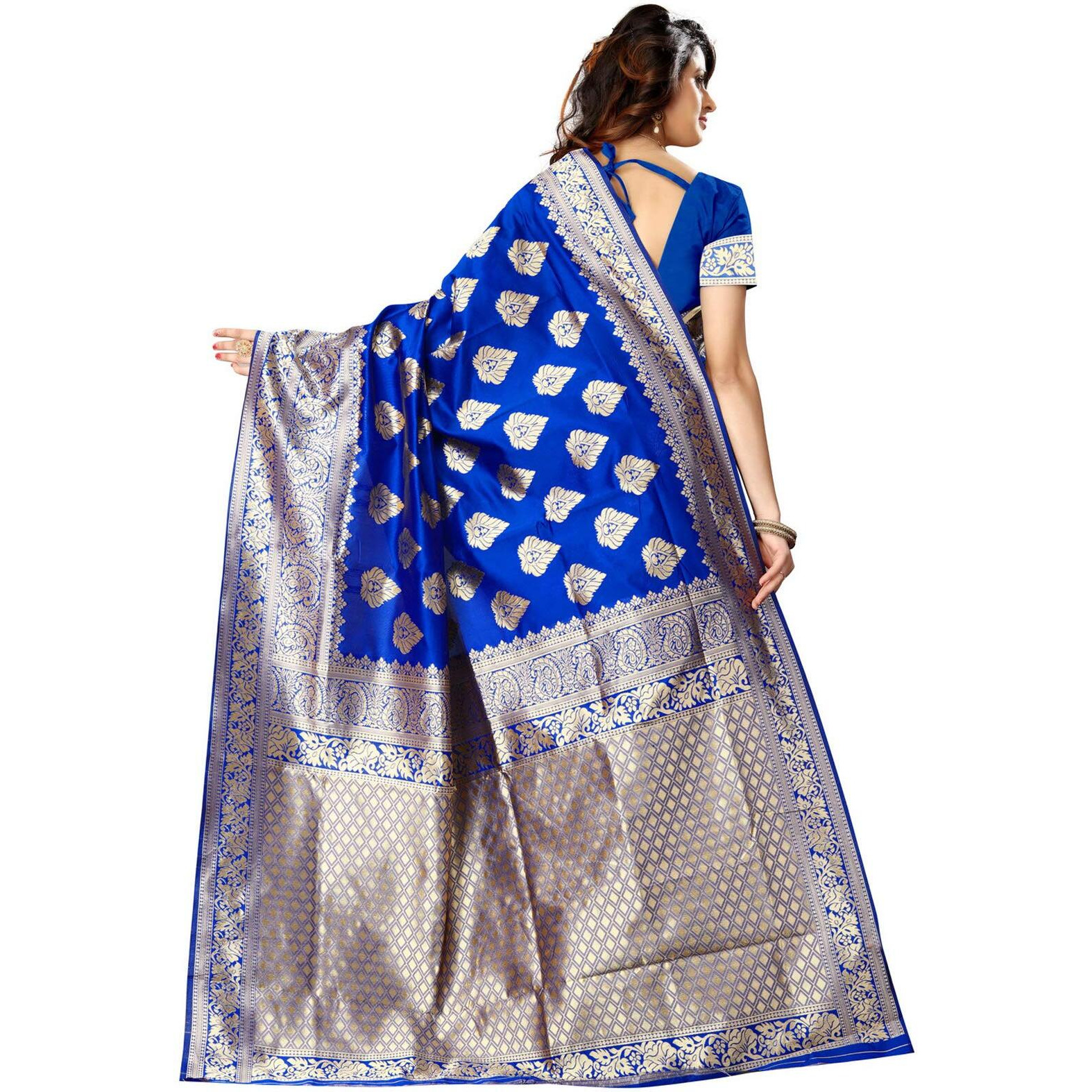 Shasmi Womens Designer Kanchipuram Banarasi Silk Blend Jacquard Woven Design Sarees (Royal Blue and Golden)