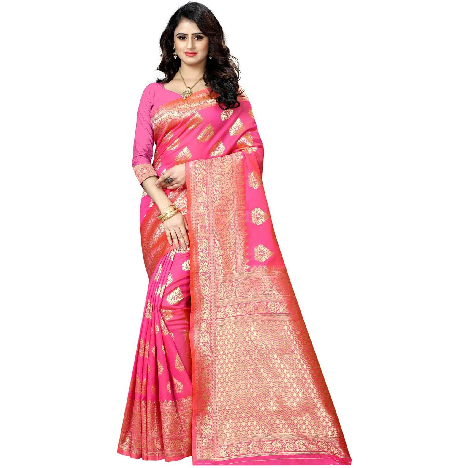 Shasmi Womens Designer Kanchipuram Banarasi Silk Blend Jacquard Woven Design Sarees (Pink and Golden)