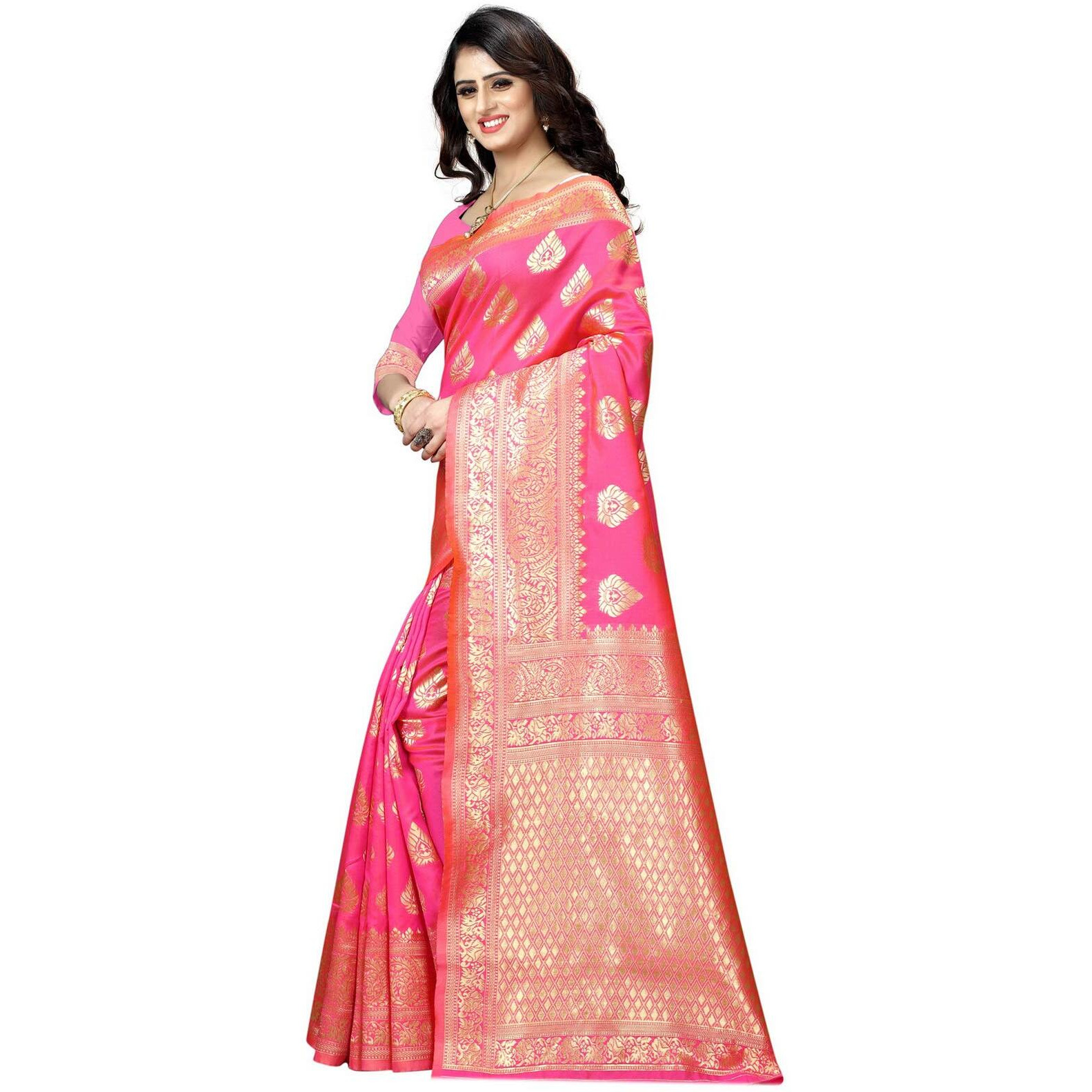 Shasmi Womens Designer Kanchipuram Banarasi Silk Blend Jacquard Woven Design Sarees (Pink and Golden)