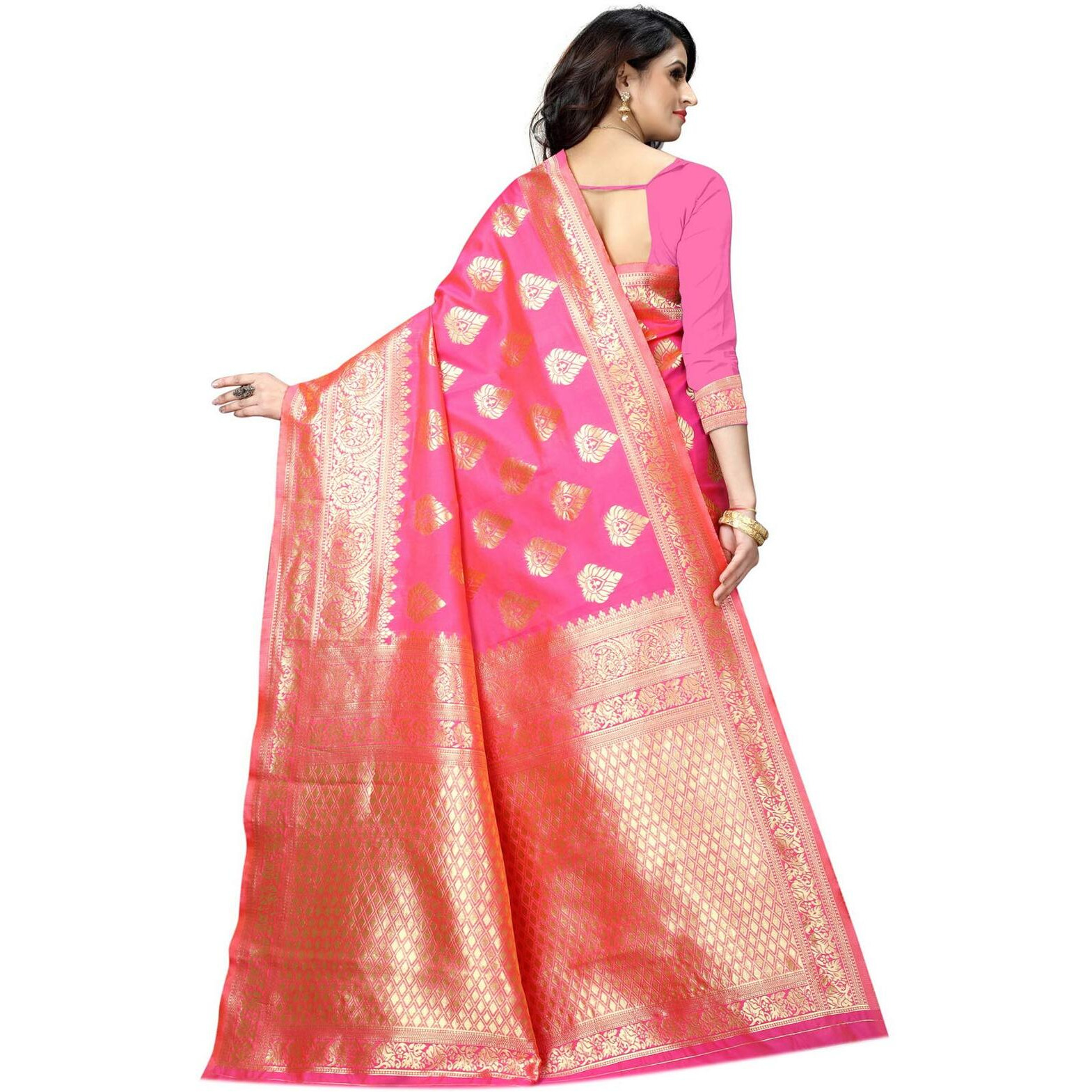 Shasmi Womens Designer Kanchipuram Banarasi Silk Blend Jacquard Woven Design Sarees (Pink and Golden)