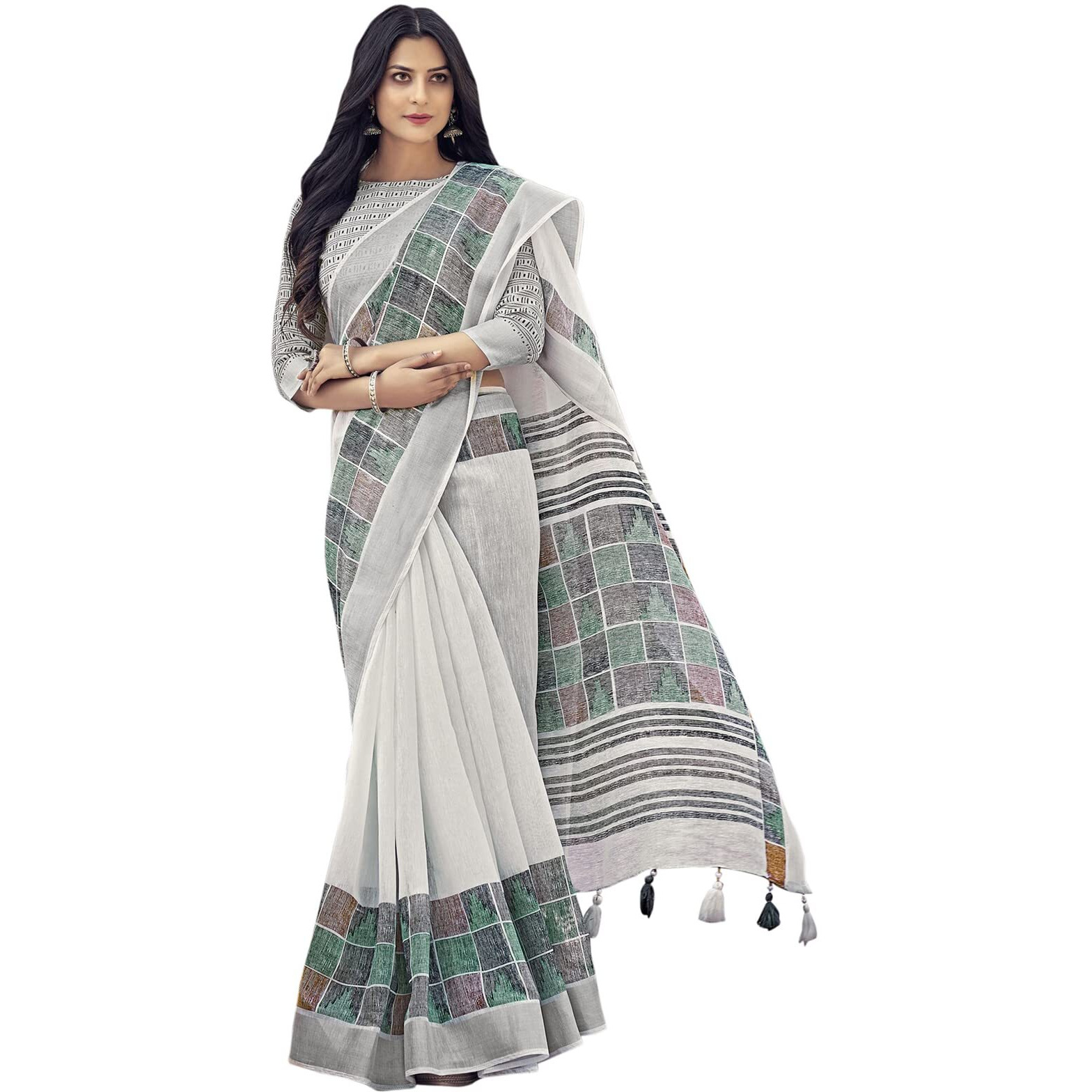 Satrani Womens Knit Cotton Blend Saree (2501S9574N_White5)