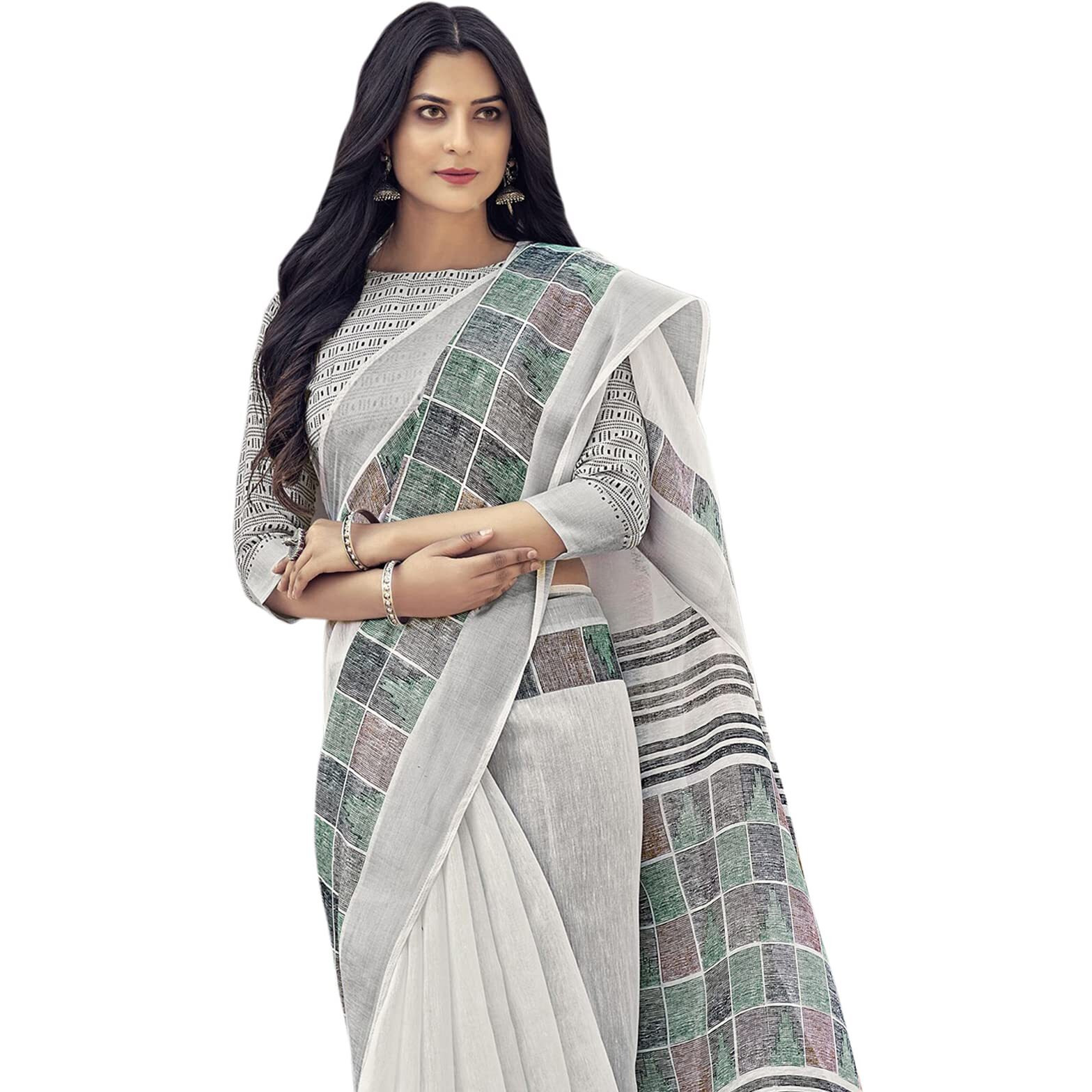 Satrani Womens Knit Cotton Blend Saree (2501S9574N_White5)