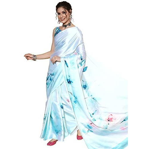 AKHILAM Womens Abstract Crepe Floral Saree With Unstitched Blouse Piece (Turquoise_FLWRY1206)