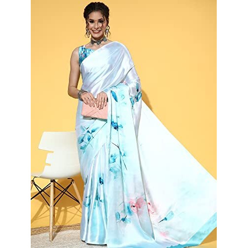 AKHILAM Womens Abstract Crepe Floral Saree With Unstitched Blouse Piece (Turquoise_FLWRY1206)