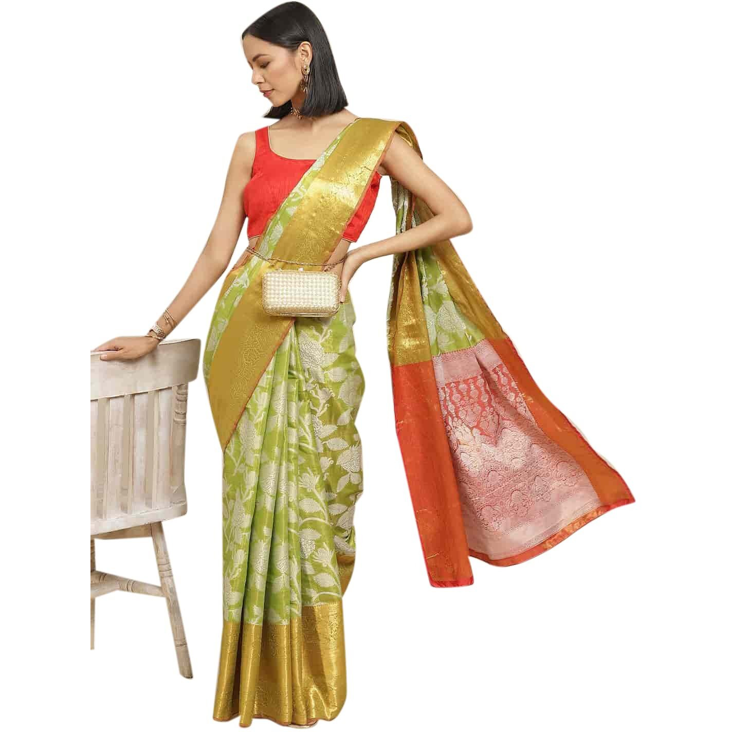 Enthone Womens Soft Brocade Floral Saree With Unstitched blouse Piece(Parrot Green)