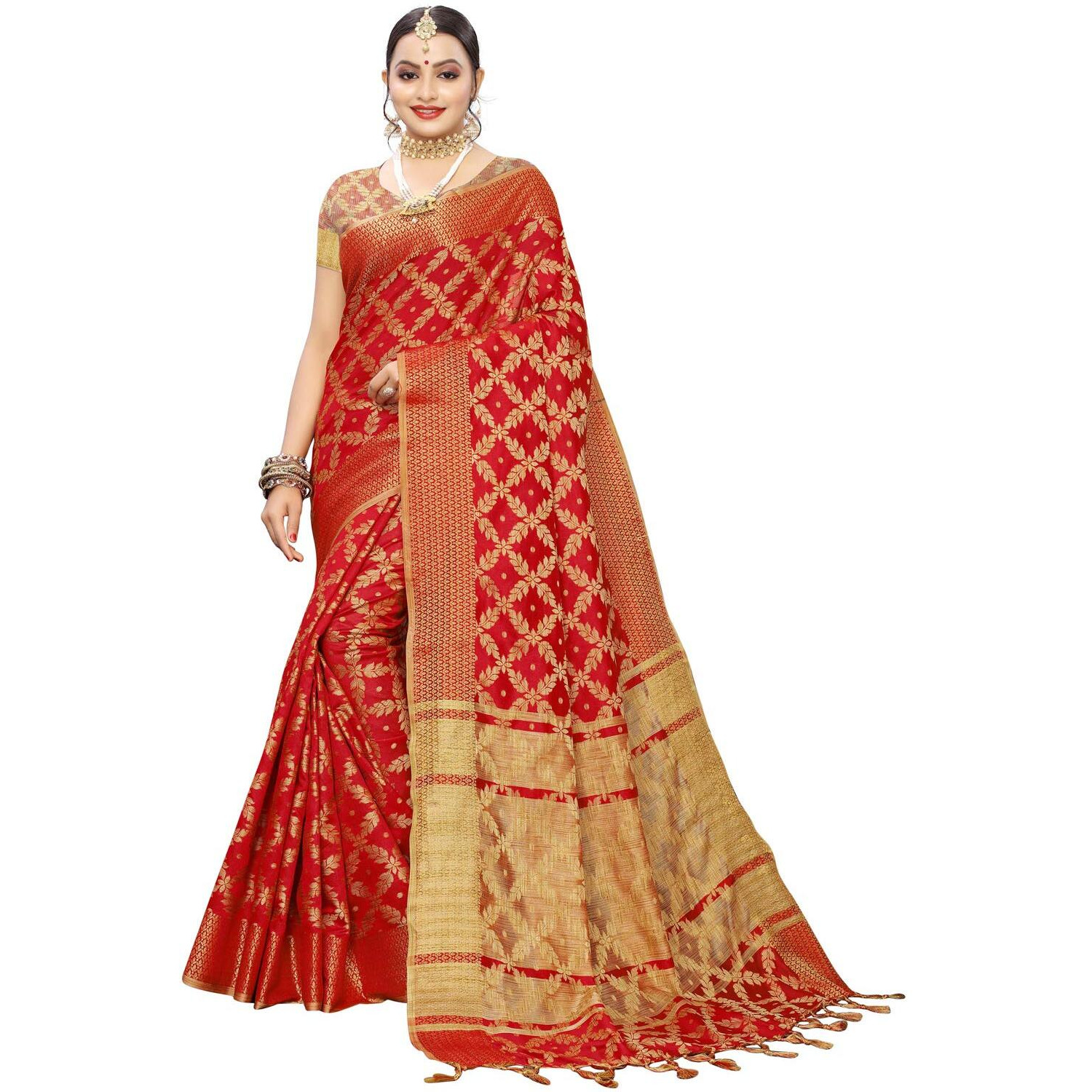 Satrani Women Cotton Saree(1415ST148_Red_One Size)