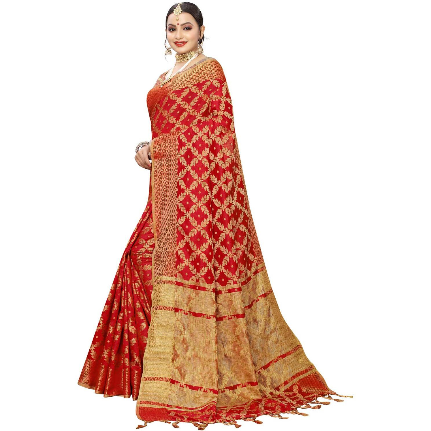 Satrani Women Cotton Saree(1415ST148_Red_One Size)