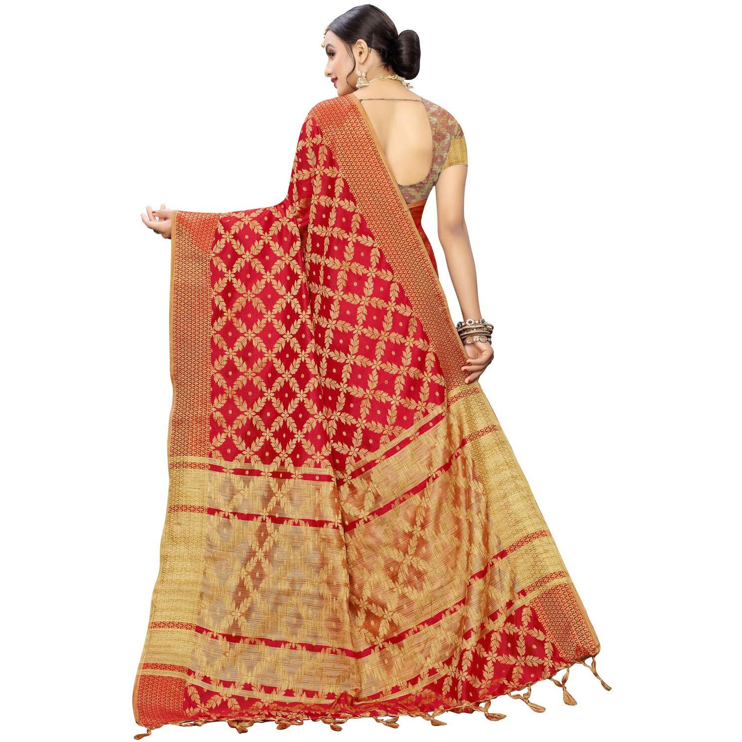 Satrani Women Cotton Saree(1415ST148_Red_One Size)