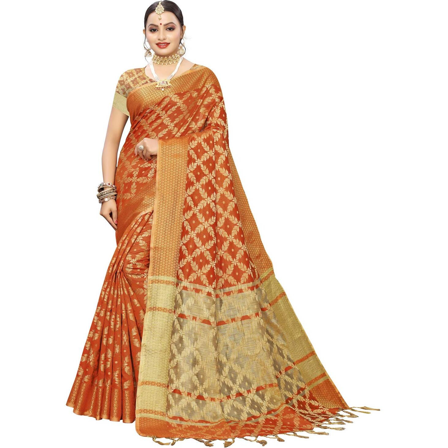 Satrani Womens Cotton Saree With Blouse Piece (1415ST152_Orange_One Size_Orange)