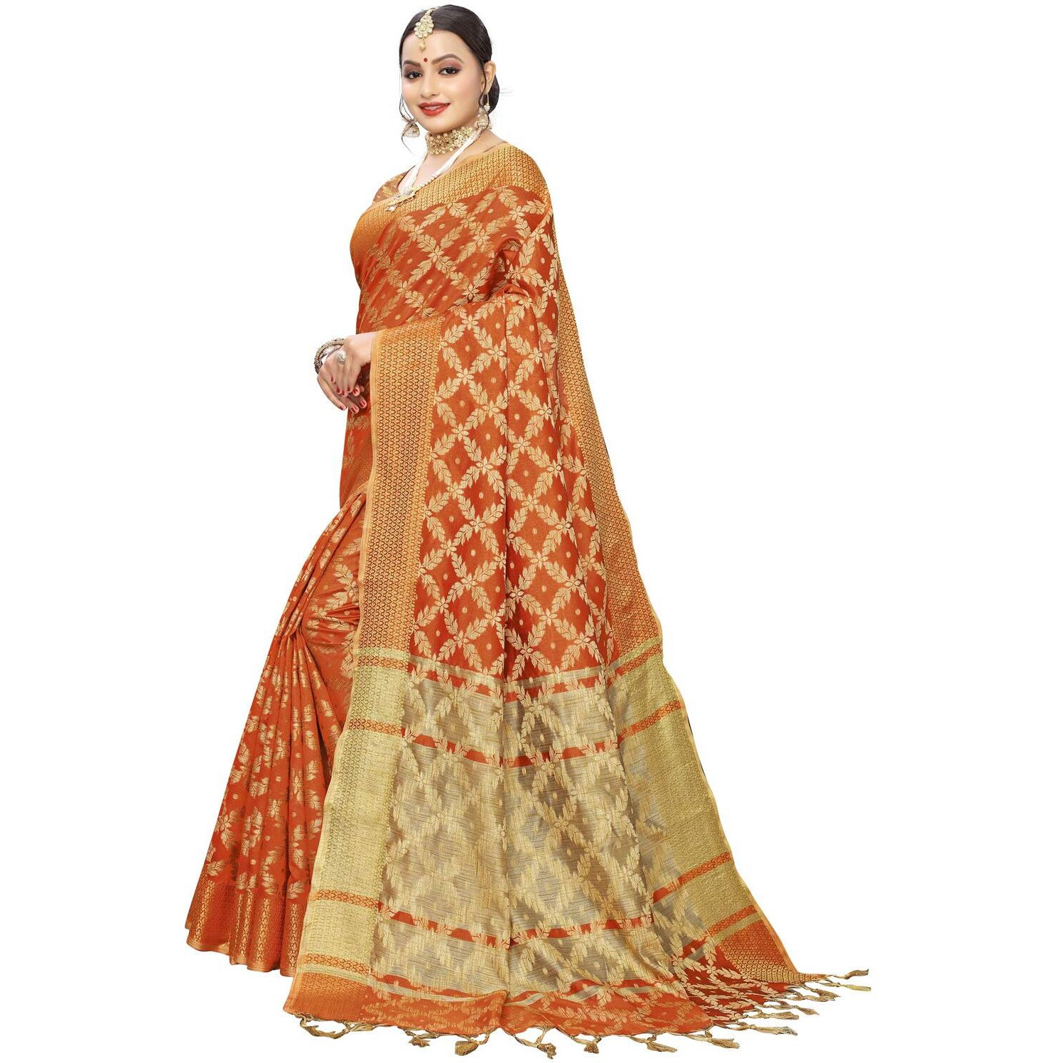 Satrani Womens Cotton Saree With Blouse Piece (1415ST152_Orange_One Size_Orange)