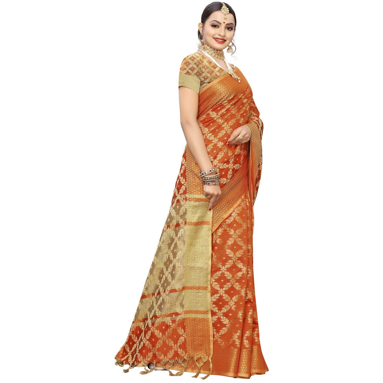 Satrani Womens Cotton Saree With Blouse Piece (1415ST152_Orange_One Size_Orange)