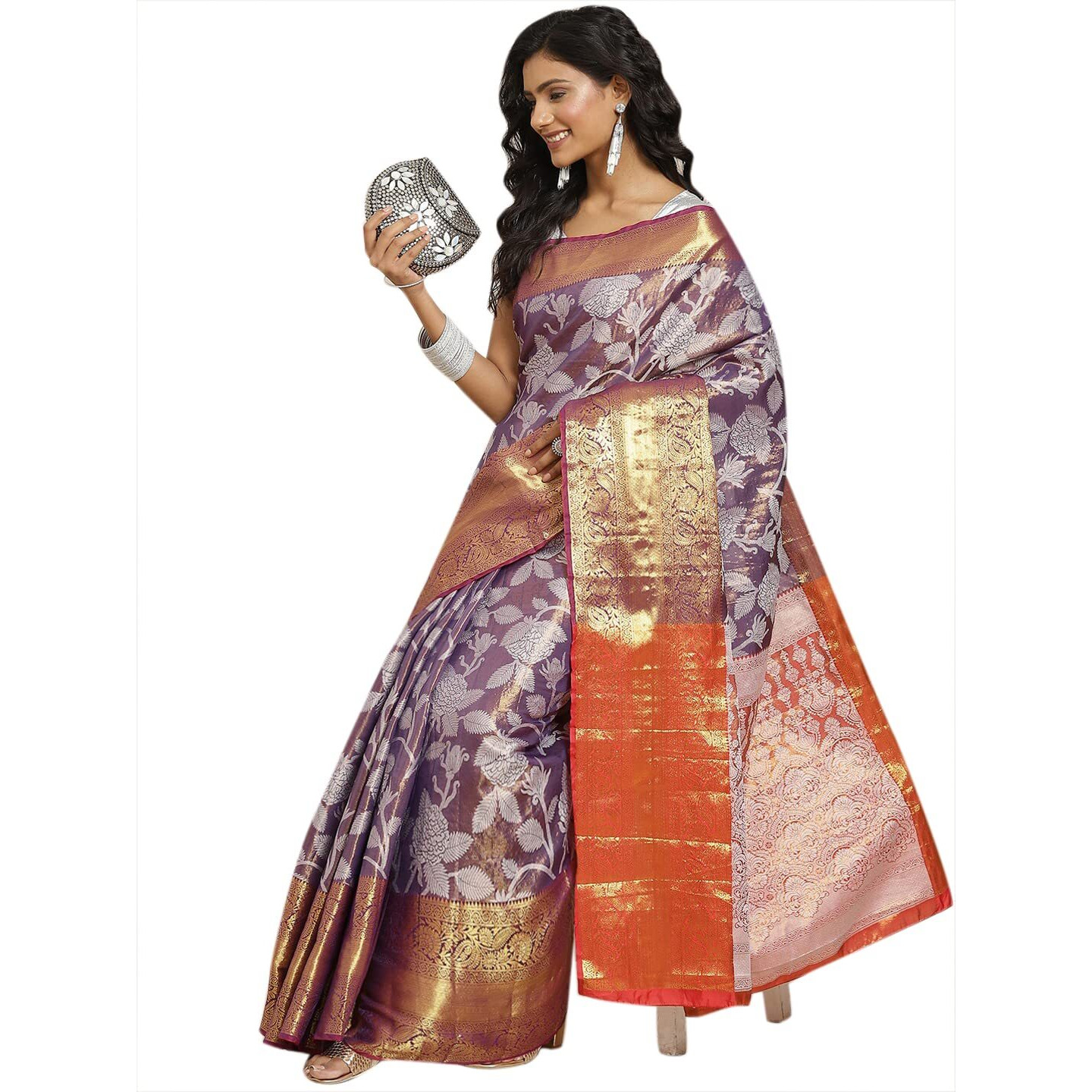 Enthone Womens Soft Brocade Floral Saree With Unstitched blouse Piece(Purple)