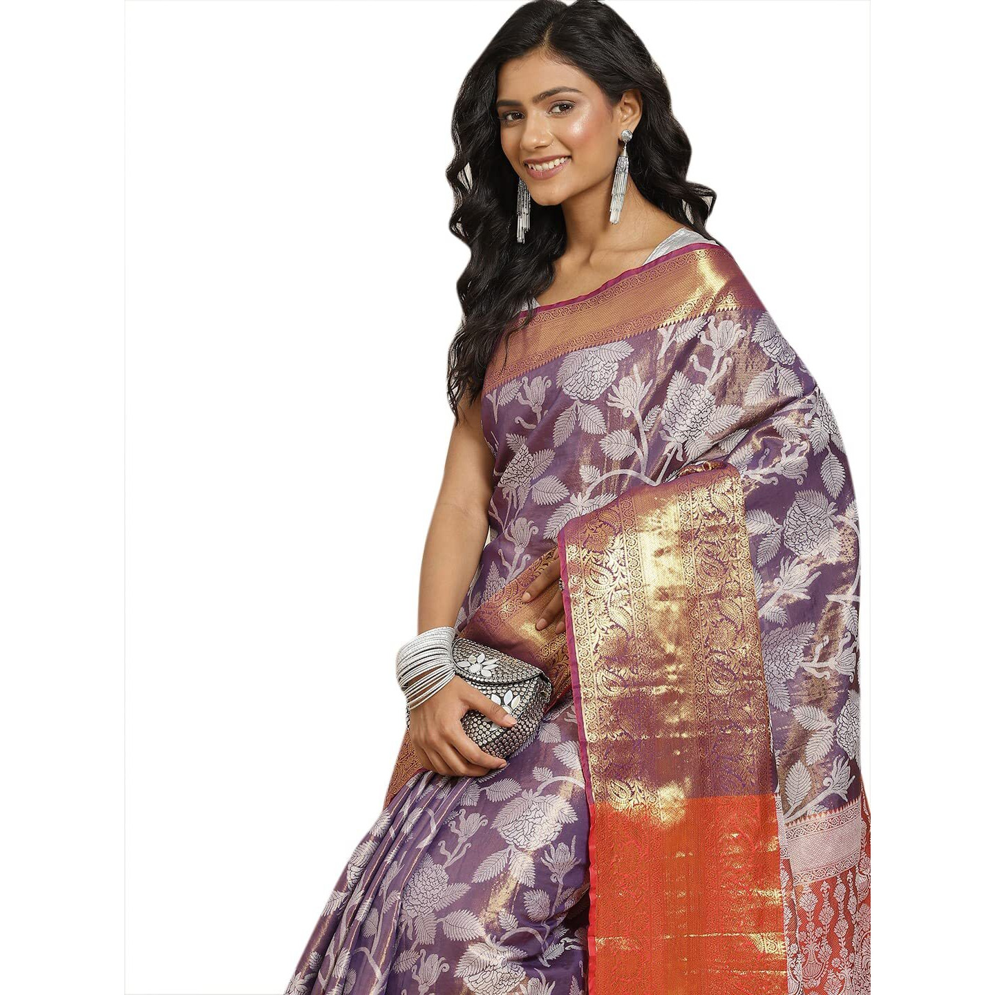 Enthone Womens Soft Brocade Floral Saree With Unstitched blouse Piece(Purple)