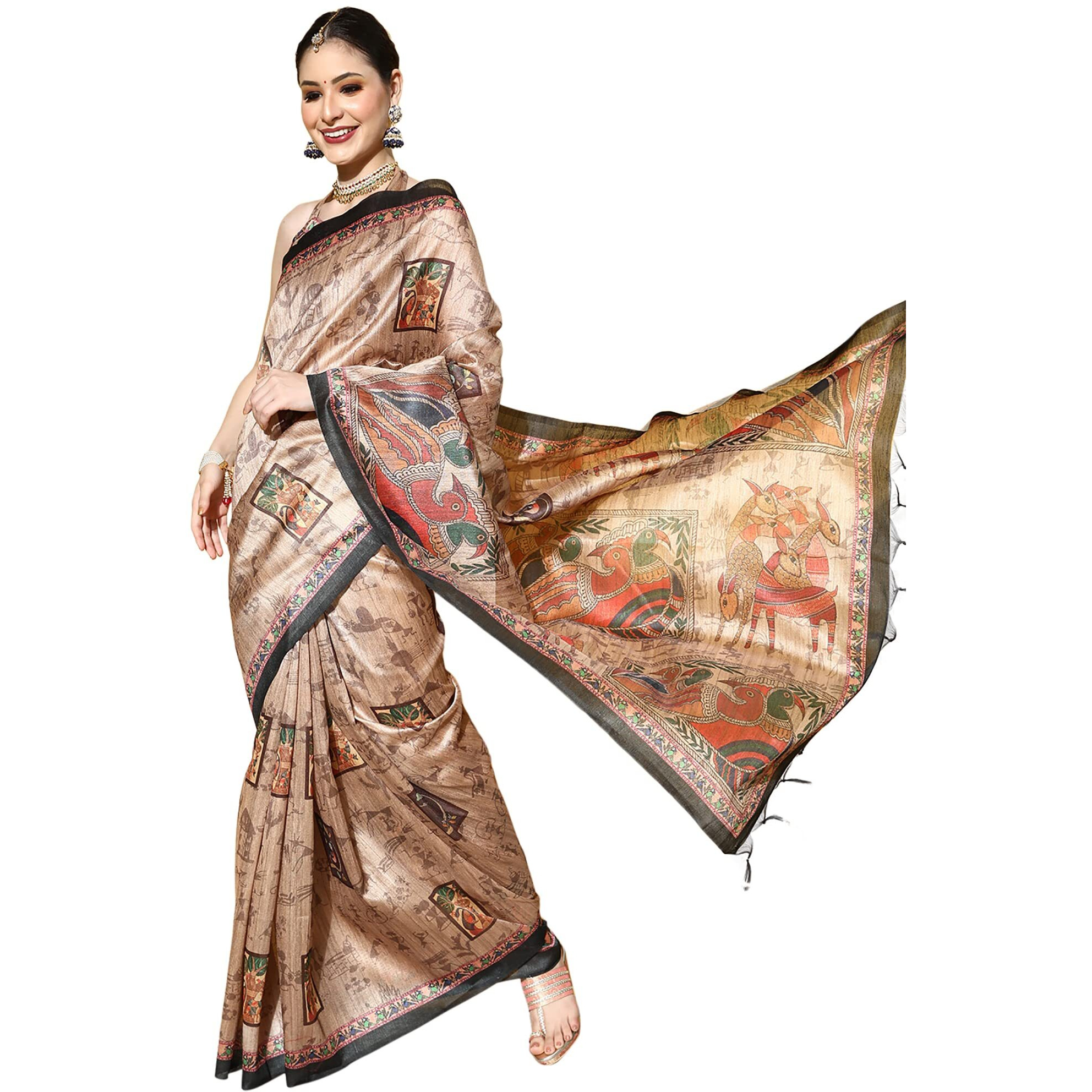 AKHILAM Womens Printed Kalamkari Silk Blend Saree With Unstitched Blouse Piece(Beige_RR0KLMK13B)