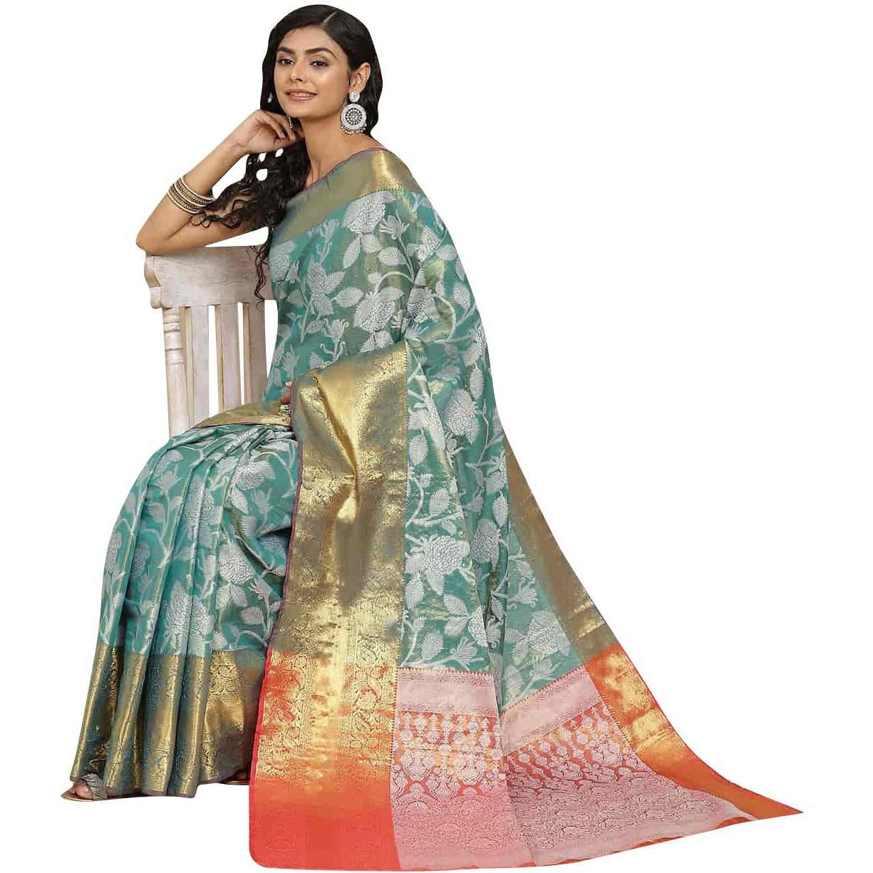 Enthone Womens Soft Brocade Floral Saree With Unstitched blouse Piece(Teal)