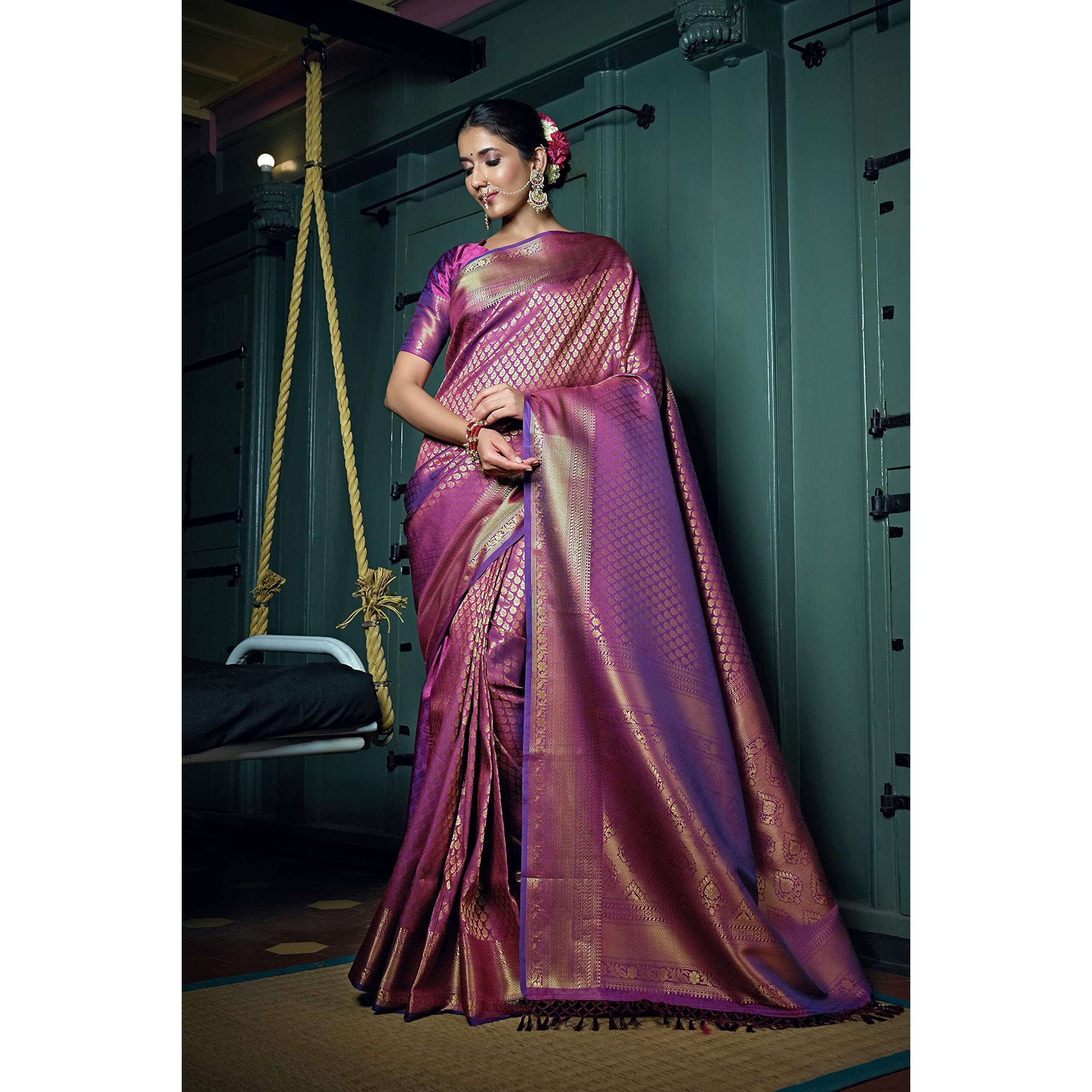 Vardha Womens Kanchipuram Art Silk Saree with Unstitched Blouse Piece - Zari Woven Work Sarees for Wedding (Kaya Silk, 481, Wine)