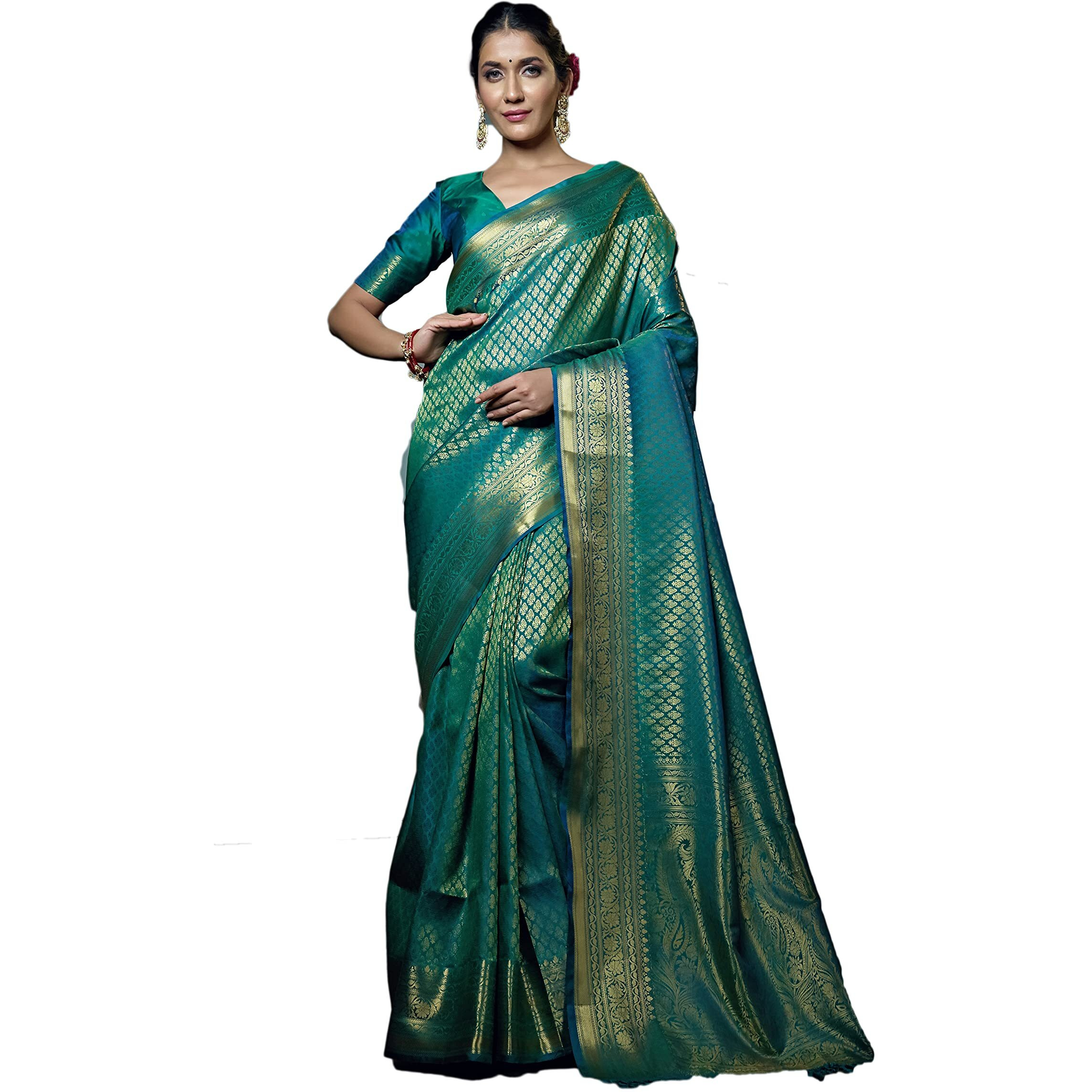 Vardha Womens Kanchipuram Art Silk Saree with Unstitched Blouse Piece - Zari Woven Work Sarees for Wedding (Kaya Silk, 478, Teal Green)