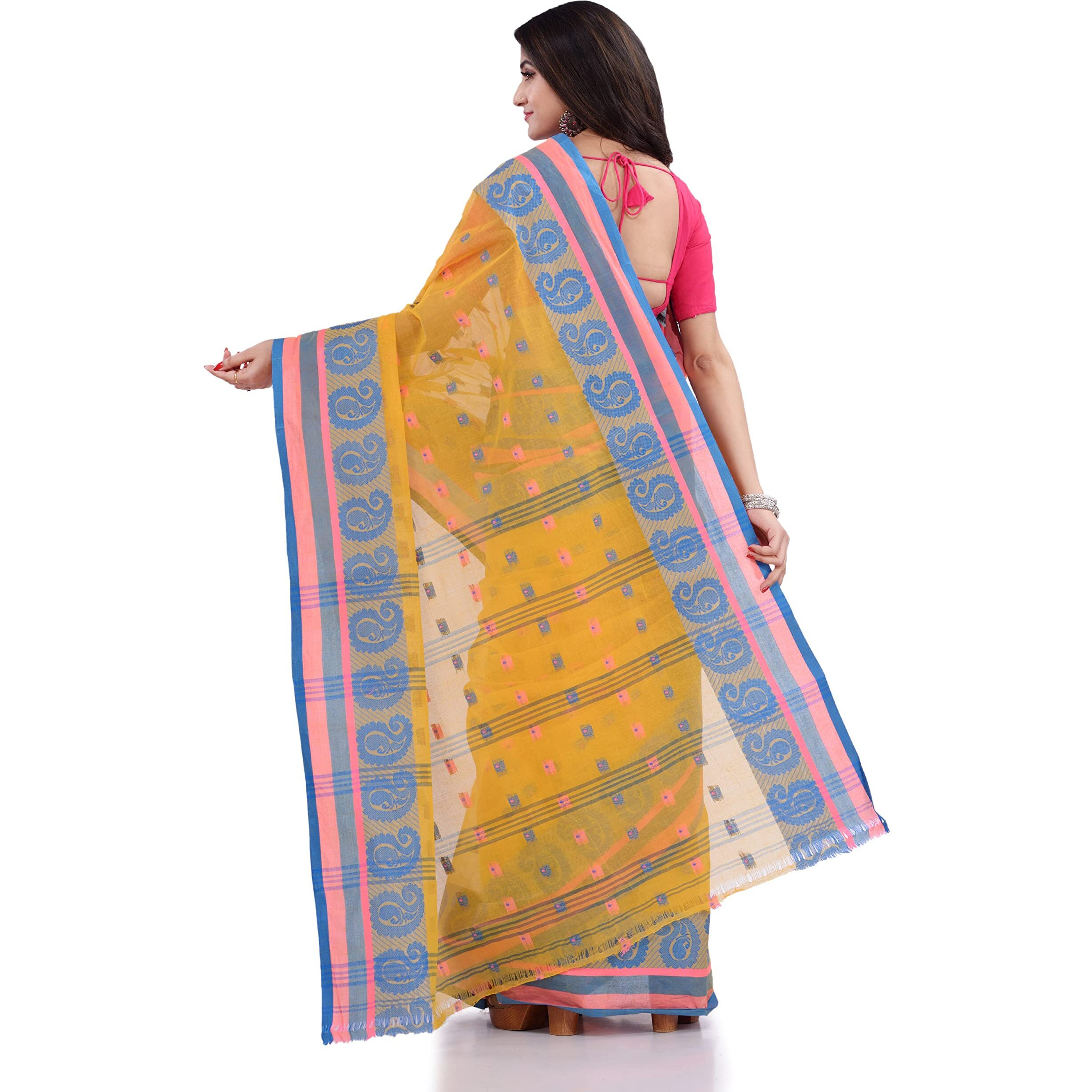 dB DESH BIDESH Women`s Traditional Pure Cotton Handloom Saree Woven Paisley Kolka Designer Without Blouse Piece (Yellow)