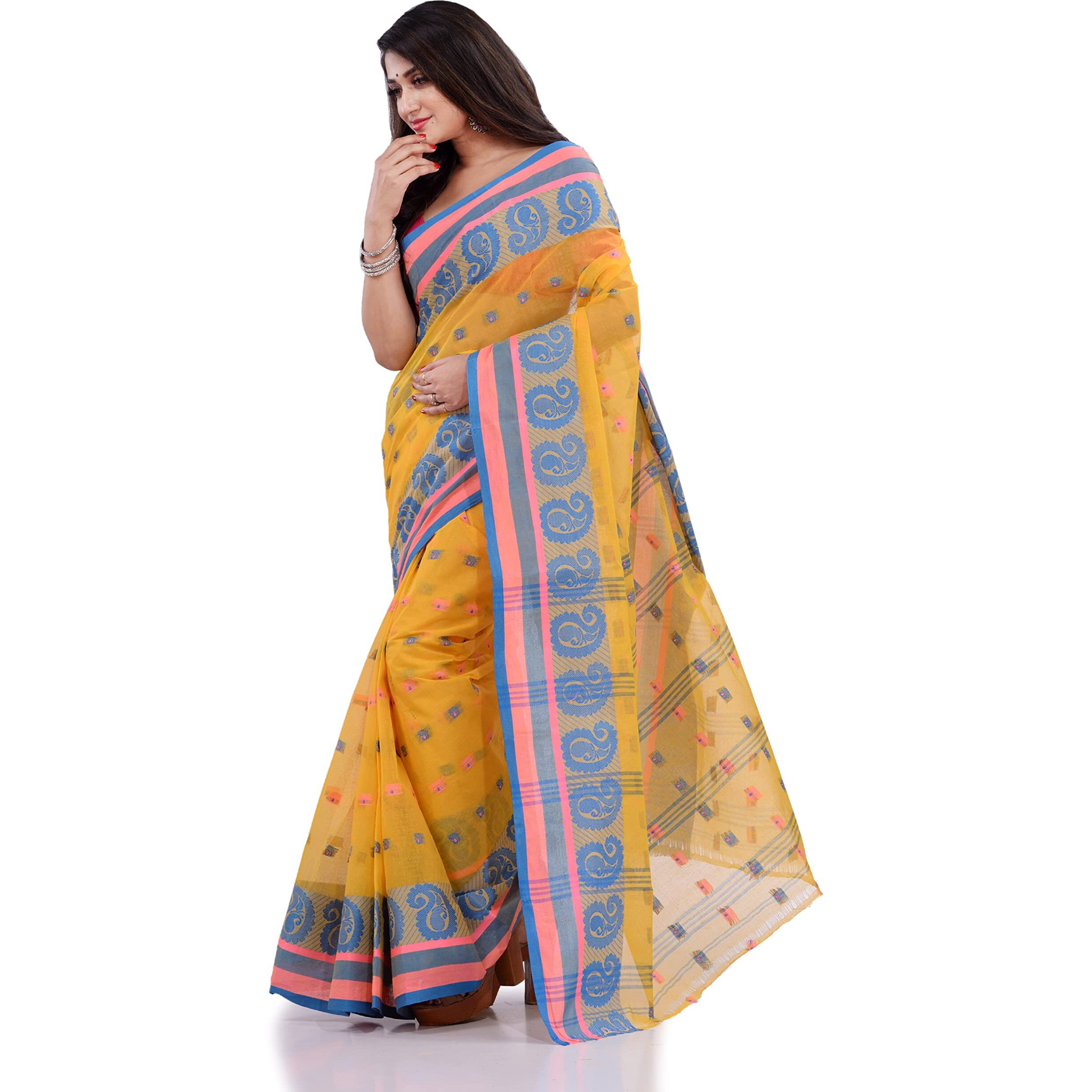 dB DESH BIDESH Women`s Traditional Pure Cotton Handloom Saree Woven Paisley Kolka Designer Without Blouse Piece (Yellow)