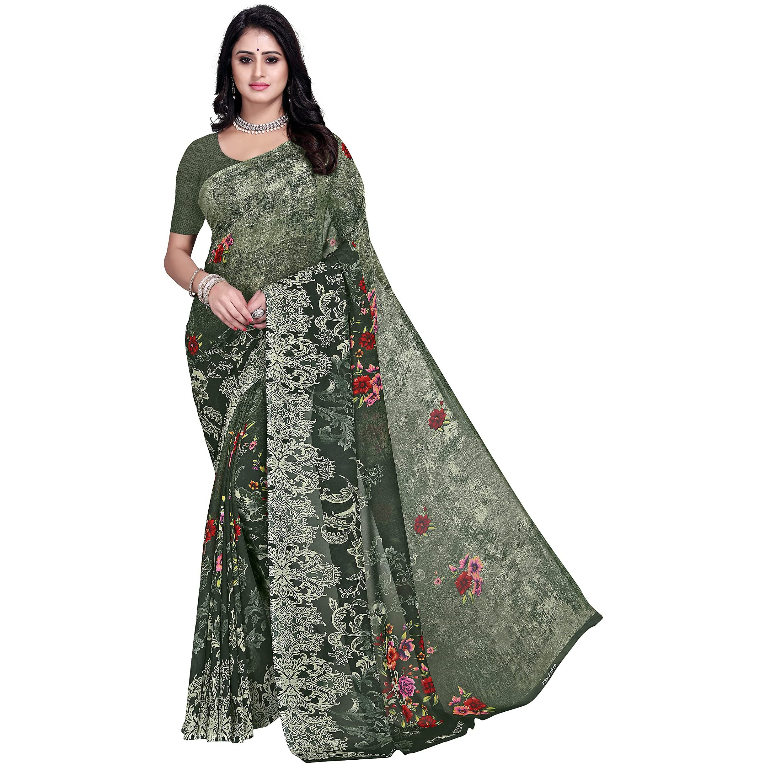 Anand Sarees, Womens Printed, Georgette Saree with Blouse Piece(1714_1)