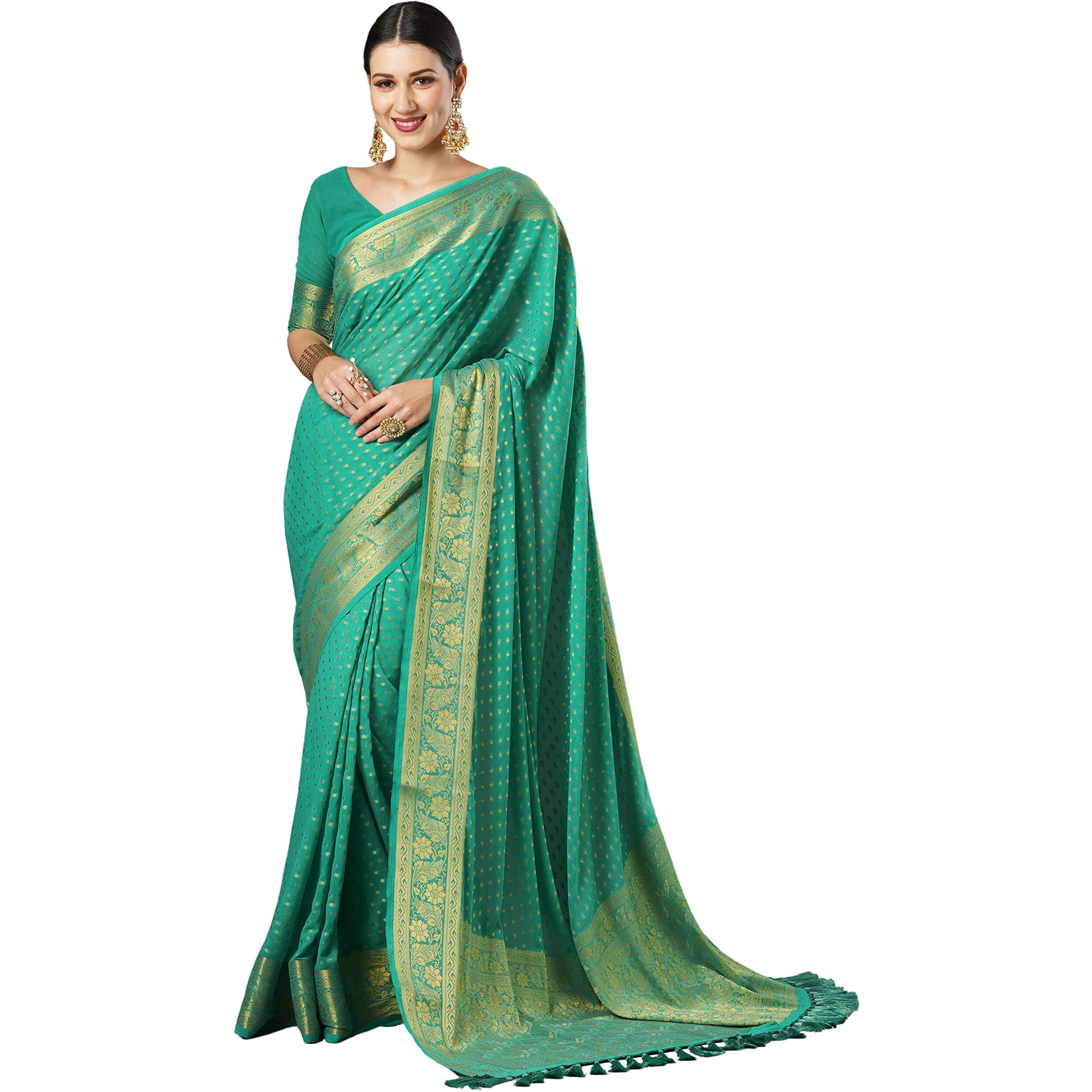 AKHILAM Womens Georgette Teal blue Woven Design Designer Saree With Blouse Piece (Teal blue_3ALEKHA3001)